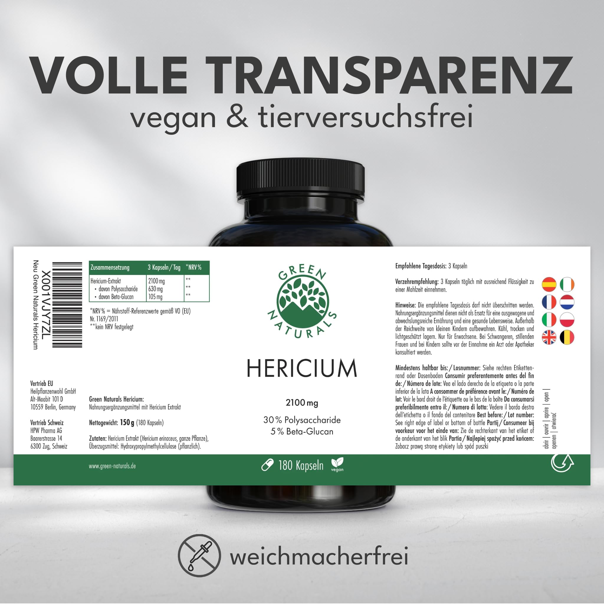 Green Naturals® Lions Mane – 2100 mg Hericium Erinaceus Extrakt pro Tag – 30% Polysaccharide + 5% Beta-Glucan – Löwenmähne Vitalpilz, vegan & ohne Zusätze – Made in Germany – 180 Kapseln