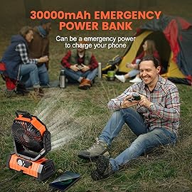 Odoland 30000mAh Oscillating Camping Fan with LED Lantern, Rechargeable Battery Operated, Portable Tent Fan with Timer, 4 Speeds for Outdoor Camp RV Jobsite Power Outage, Orange