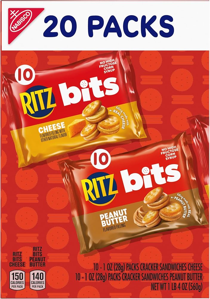 RITZ Bits Cheese and RITZ Bits Peanut Butter Sandwich Crackers Variety Pack, Lunch Snacks, 20 Snack Packs