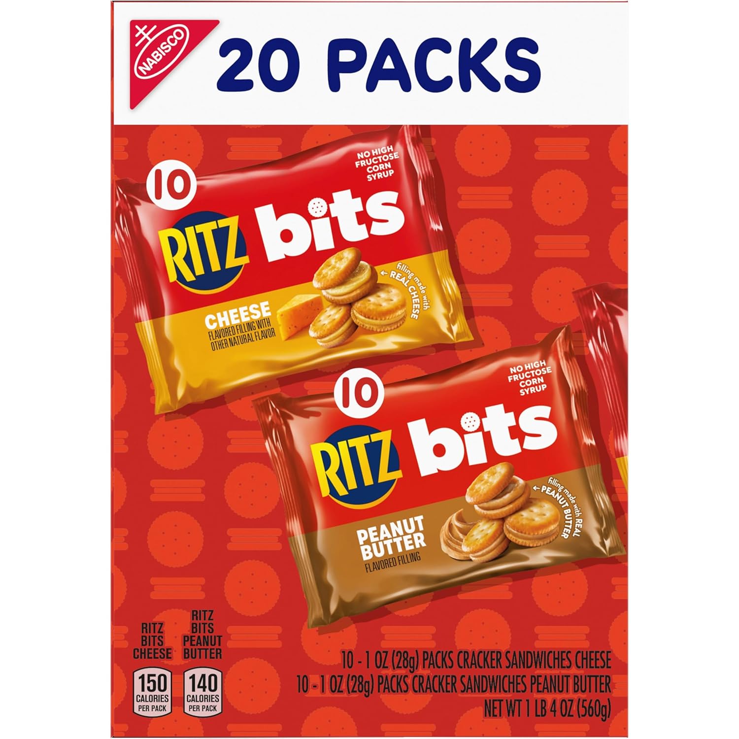 RITZ Bits Cheese and RITZ Bits Peanut Butter Sandwich Crackers Variety Pack, Lunch Snacks, 20 Snack Packs