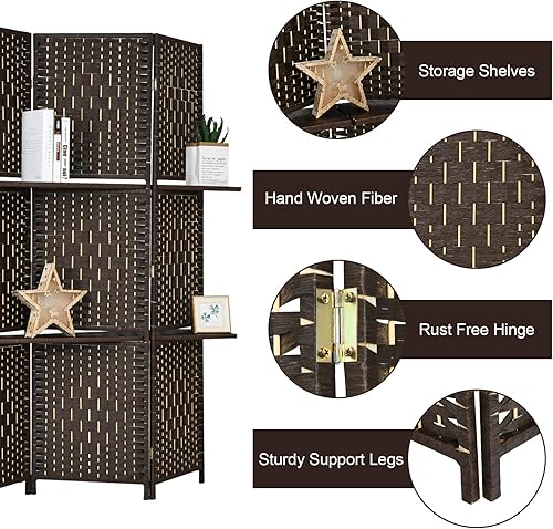 Miniatura 3 de Giantex Divisor de habitación de 6 pies y 6 paneles con estantes, pantallas de privacidad plegables de ratán tejido a mano para separación de