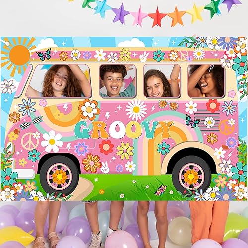 Miniatura 4 de Decoraciones de fiesta hippie Groovy Bus Banner de los años 60, telón de fondo de margarita, recortado de la cara de los años 60, accesorios para