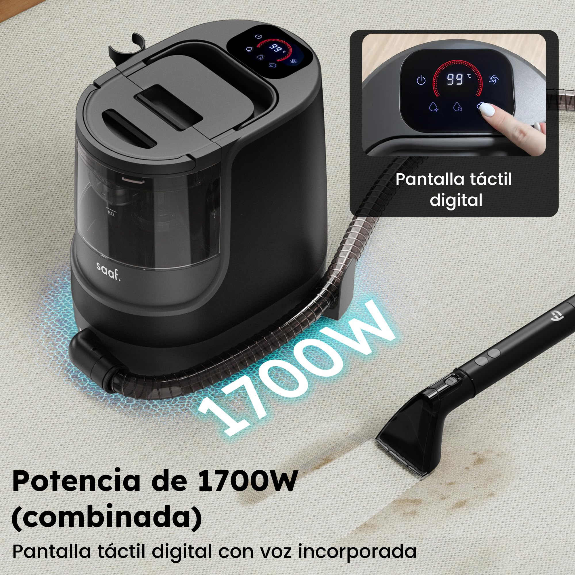 Saaf Limpiador de Manchas – Set de 7 Piezas – Función Vapor hasta 100°C – Alfombras y Sofás – Motor Potente 1700W – Incluye Cepillo Alfombra, Cepillo Precisión & Limpiacristales – Negro