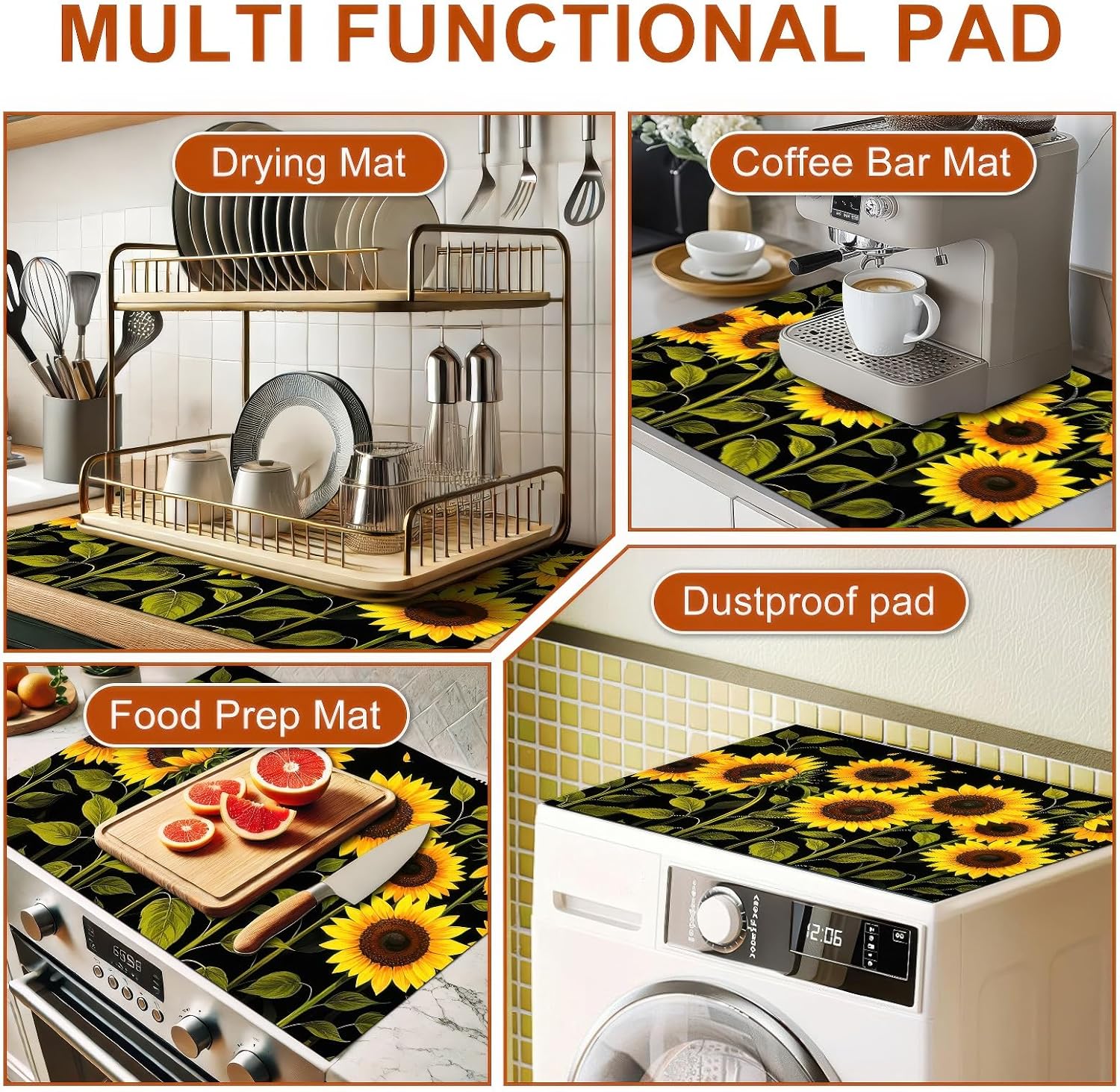 HOMETITUTE Sunflower Stove Top Cover 28x20 Inch Diatomite Kitchen Mat Heat Resistant Coffee Mat Electric Stove Cover Countertop Protector Farmhouse Floral Decor Pad