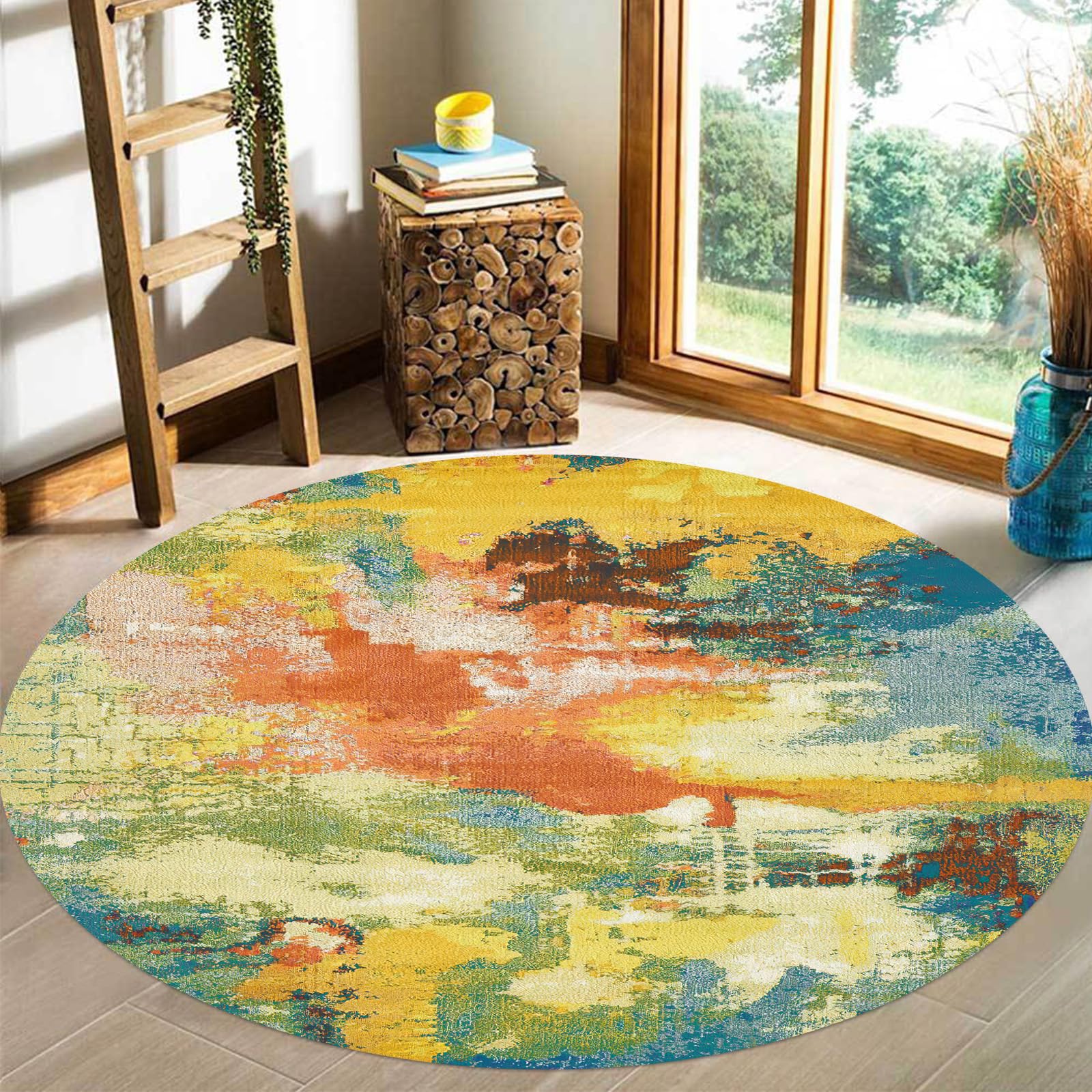 Rururug Tapis Rond, Poil Court, pour Salon, Chambre à Coucher, Salle à Manger, Chambre d'adulte,Orange brûlé, Jaune Moutarde, Bleu Sarcelle, Abstraits Multicolores,Colourful,Round ø 140 cm