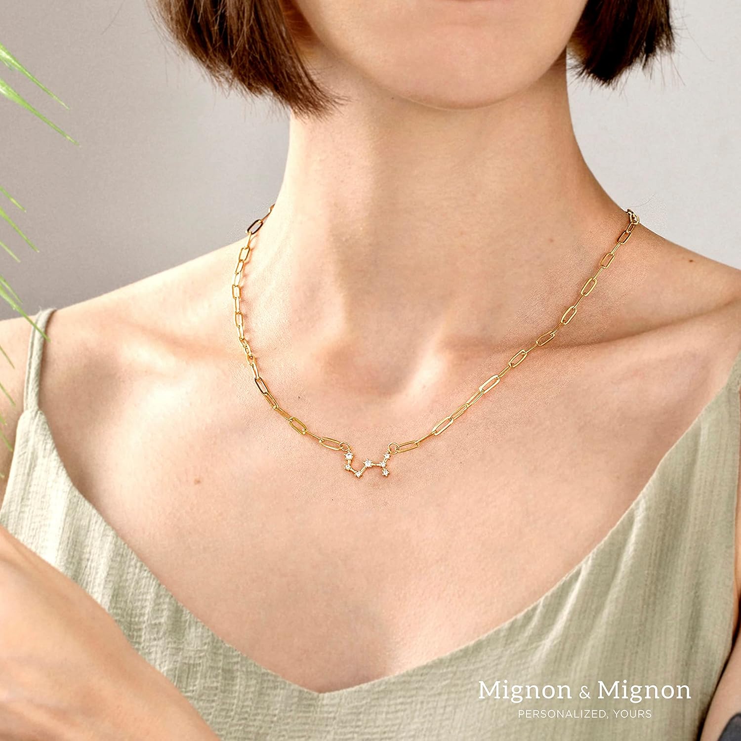 Personalized Zodiac Sign Necklace for Women Virgo Aries Pendant Jewelry Celestial Astrology Gift Handmade Jewelry for Her Crystal Charm Paper Clip Chain Necklace Birthday Gift -P-ZCPN