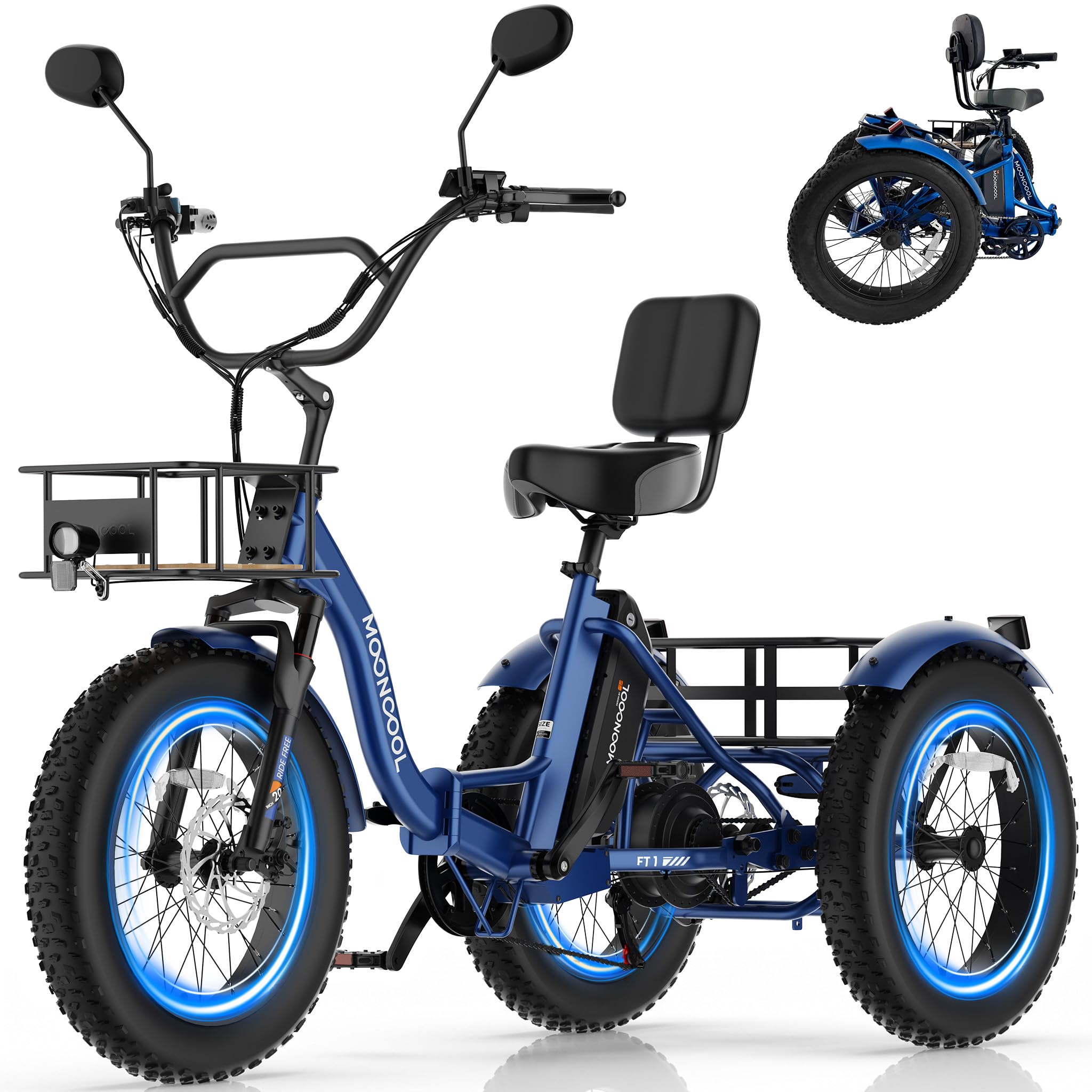 MOONCOOL Electric Trike for Adults, 20" Fat Tire 7 Speed Folding Tricycle
