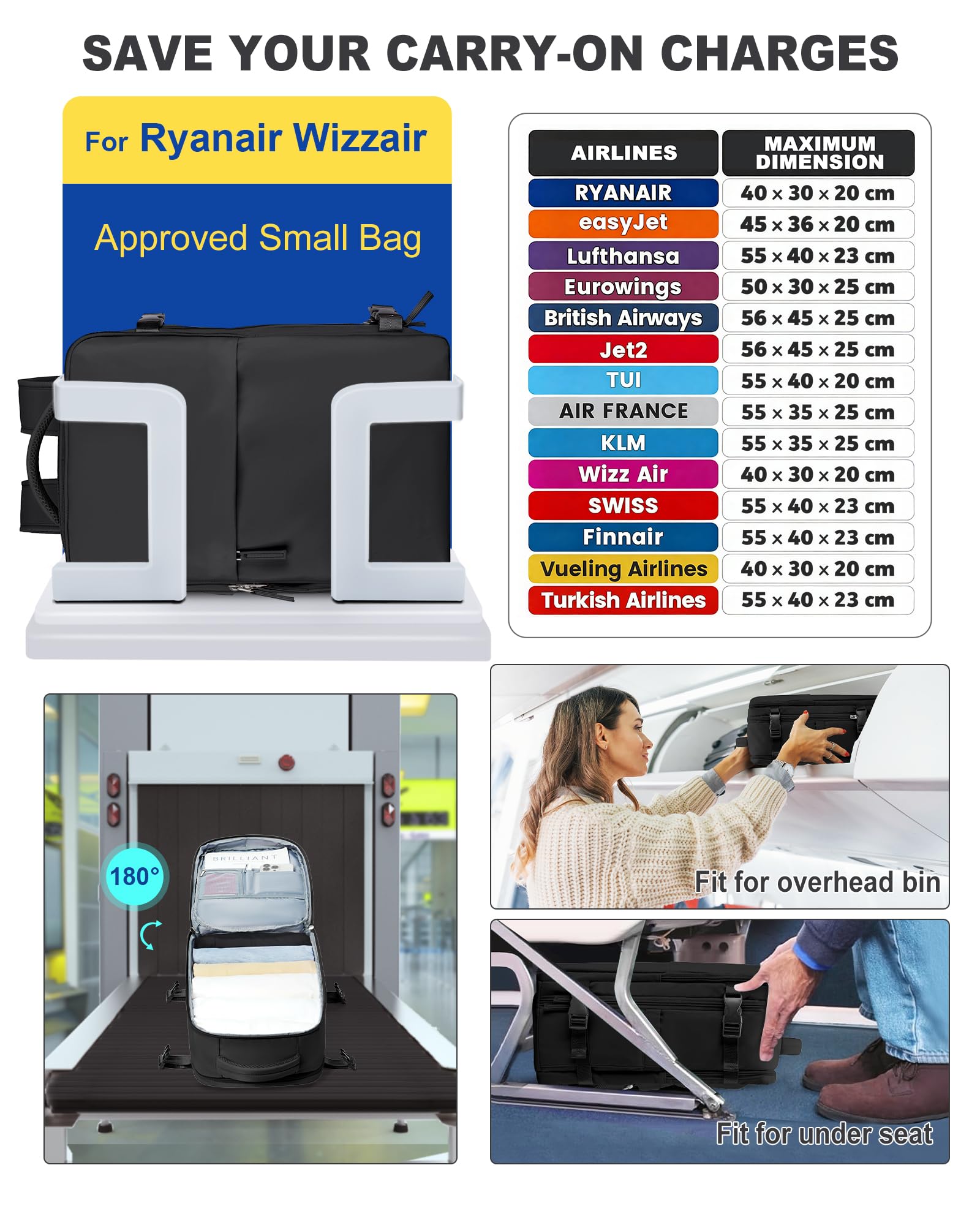 SZLX Zaino Ryanair 40x30x20 Sottovuoto con Pompa Zaino da Viaggio 40x30x20 Wizzair Bagaglio a Mano 40x20x25 Ryanair Donna Borse da Cabina per Easyjet 45x36x20 Uomo Zaino Laptop 14 Pollici Valigia