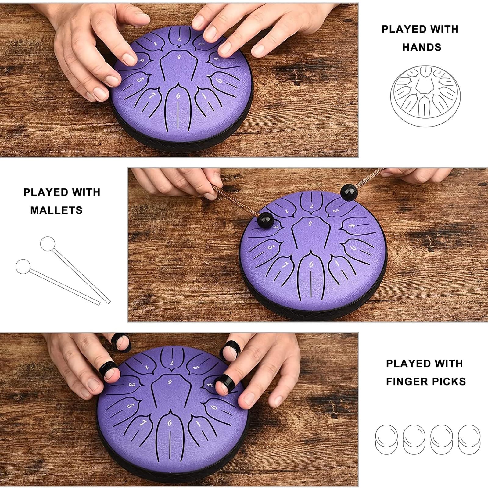 Tambour à langue en acier, 6 pouces, 8 tons, touche C, baguettes, support de maillet et pagaies pour les doigts, tambour à main en acier avec sac, livre de musique, pour le camping(Color:2)