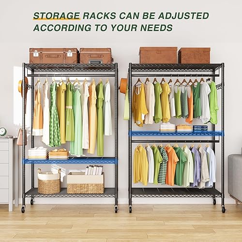 Miniatura 5 de LEHOM G1L - Perchero de 3 niveles con estantes de almacenamiento, organizador de ropa resistente con varillas doblesruedas bloqueables y 2 pares de