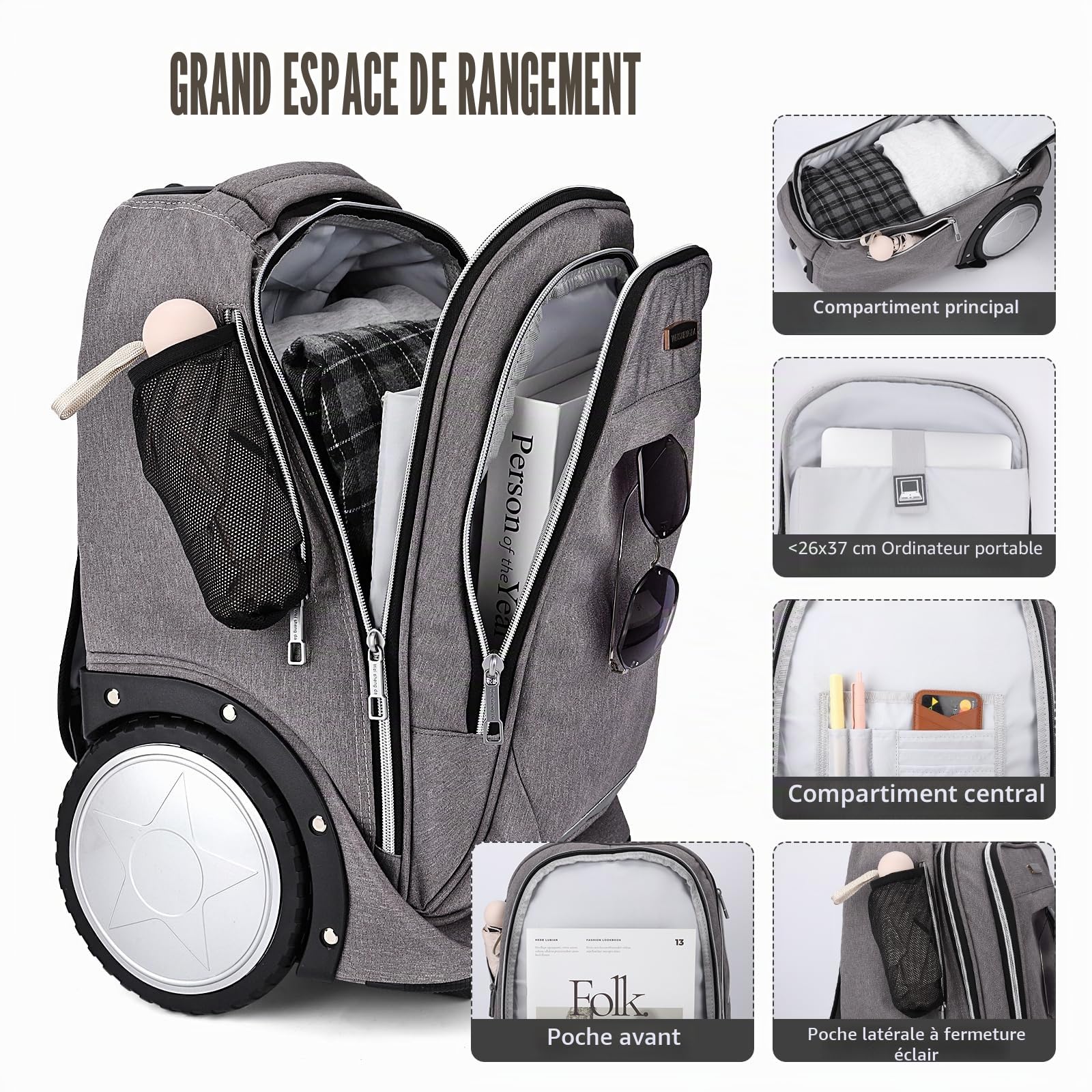 Hivexagon Sac à Dos à roulettes, Sac à Dos Roulant avec Roues de 7 Pouces – Poignée télescopique renforcée,Compartiment pour Ordinateur Portable, Idéal pour Les Affaires et Les Voyages – Gris