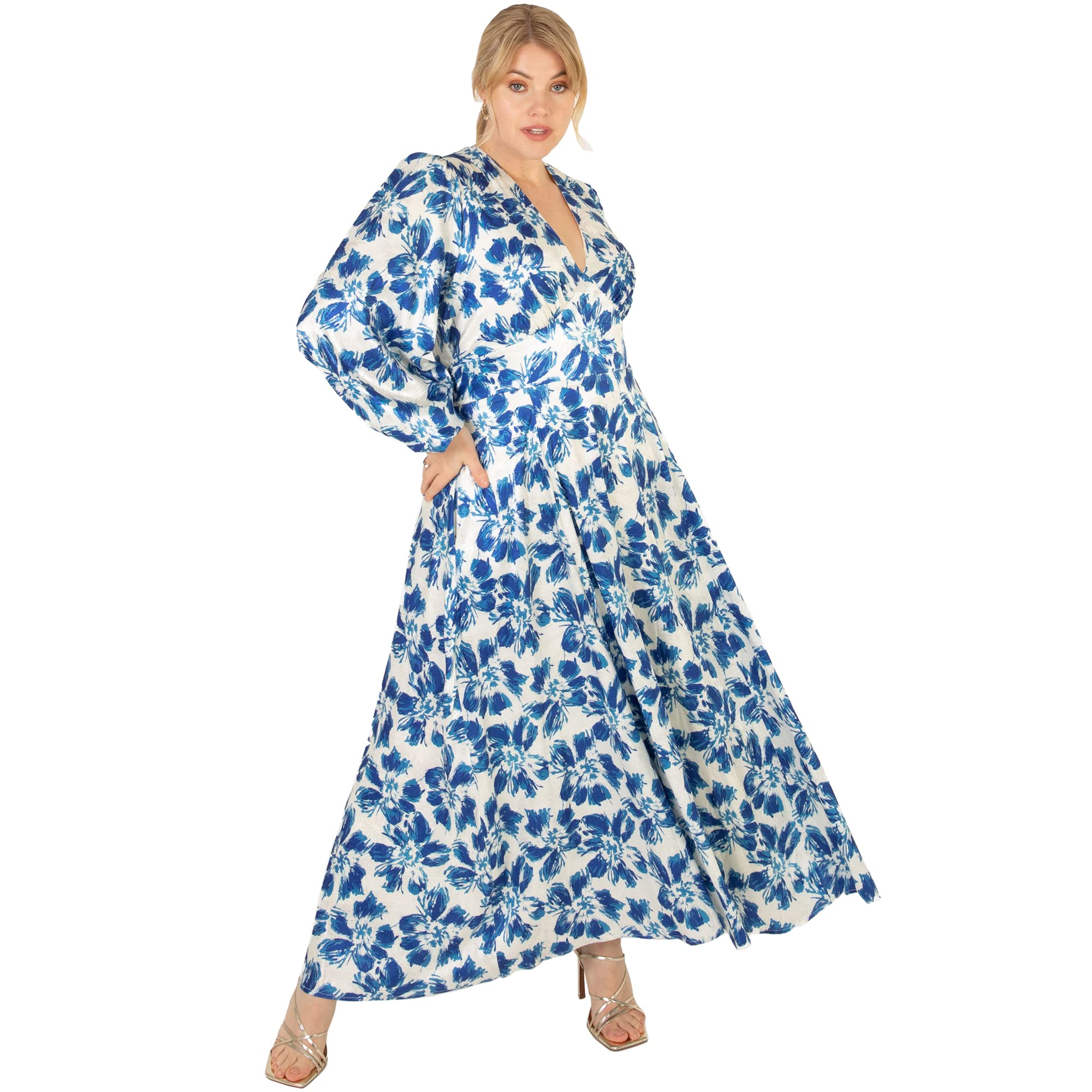 Lovedrobe Womens Dress for Plus Size Ladies V Neckline Maxi Long Sleeve Length Tie Belt Bishop Flower Pattern for Office Party Blue Size 22