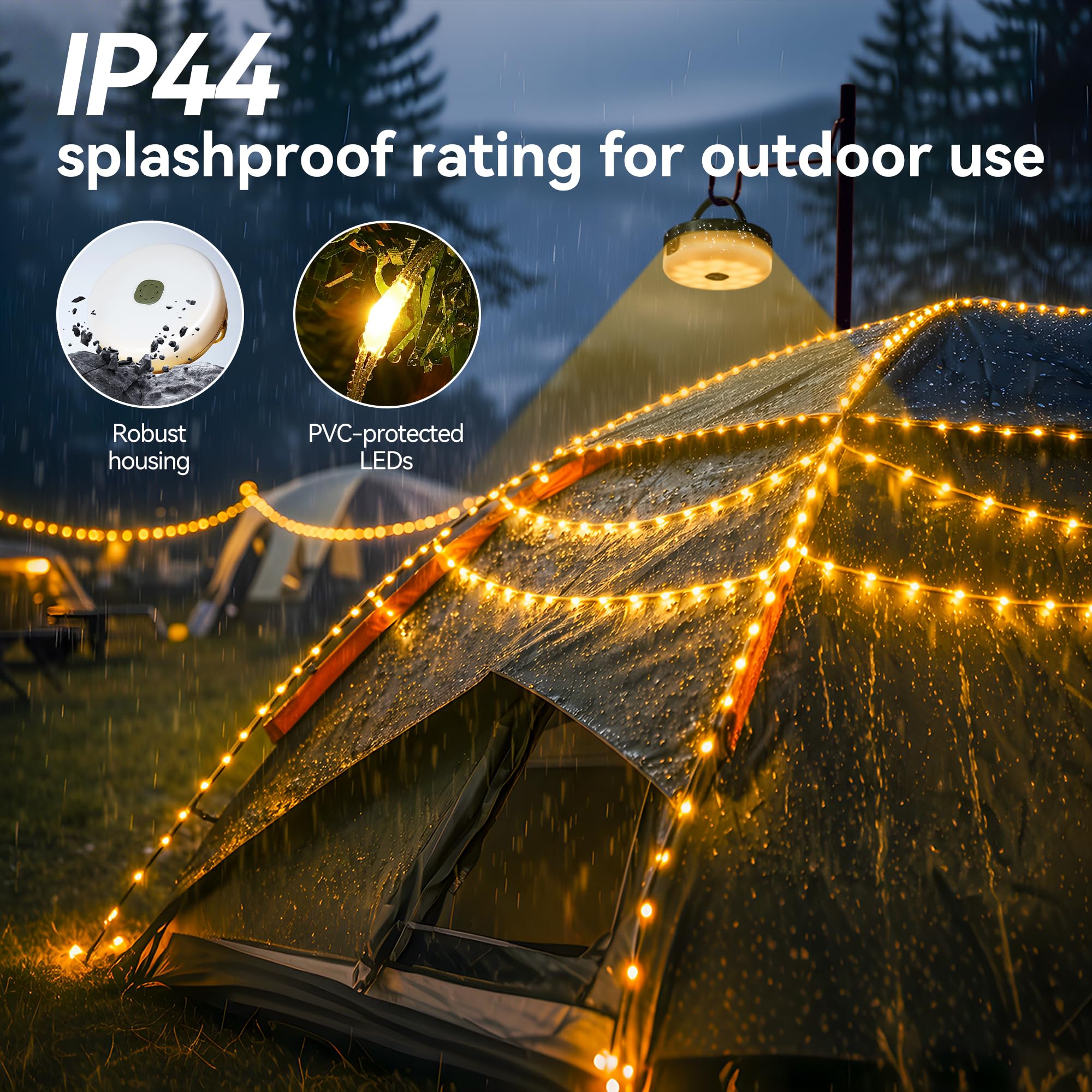 Guirlande lumineuse rétractable de 20 m, guirlande lumineuse RVB pour tente, rechargeable par USB-C, 15 modes d'éclairage, guirlande lumineuse d'ambiance à suspendre à l'extérieur, pour camping