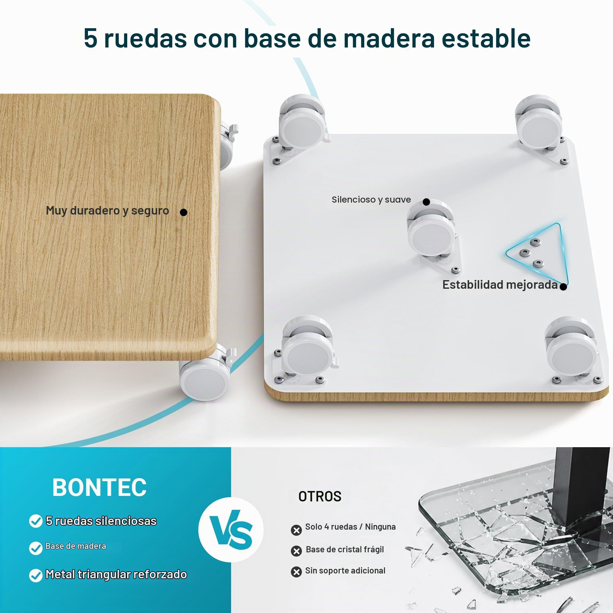 BONTEC Soporte TV de Suelo Blanco con Base de Madera y 5 Ruedas, Carro TV Móvil para 32 a 80 Pulgadas, VESA 600x400 mm, Carga 60 kg, Altura Ajustable 1210 a 1500 mm, Giro e Inclinación | Carrito de TV enrollable con cinco ruedas de 6,3 cm, altura regulabl