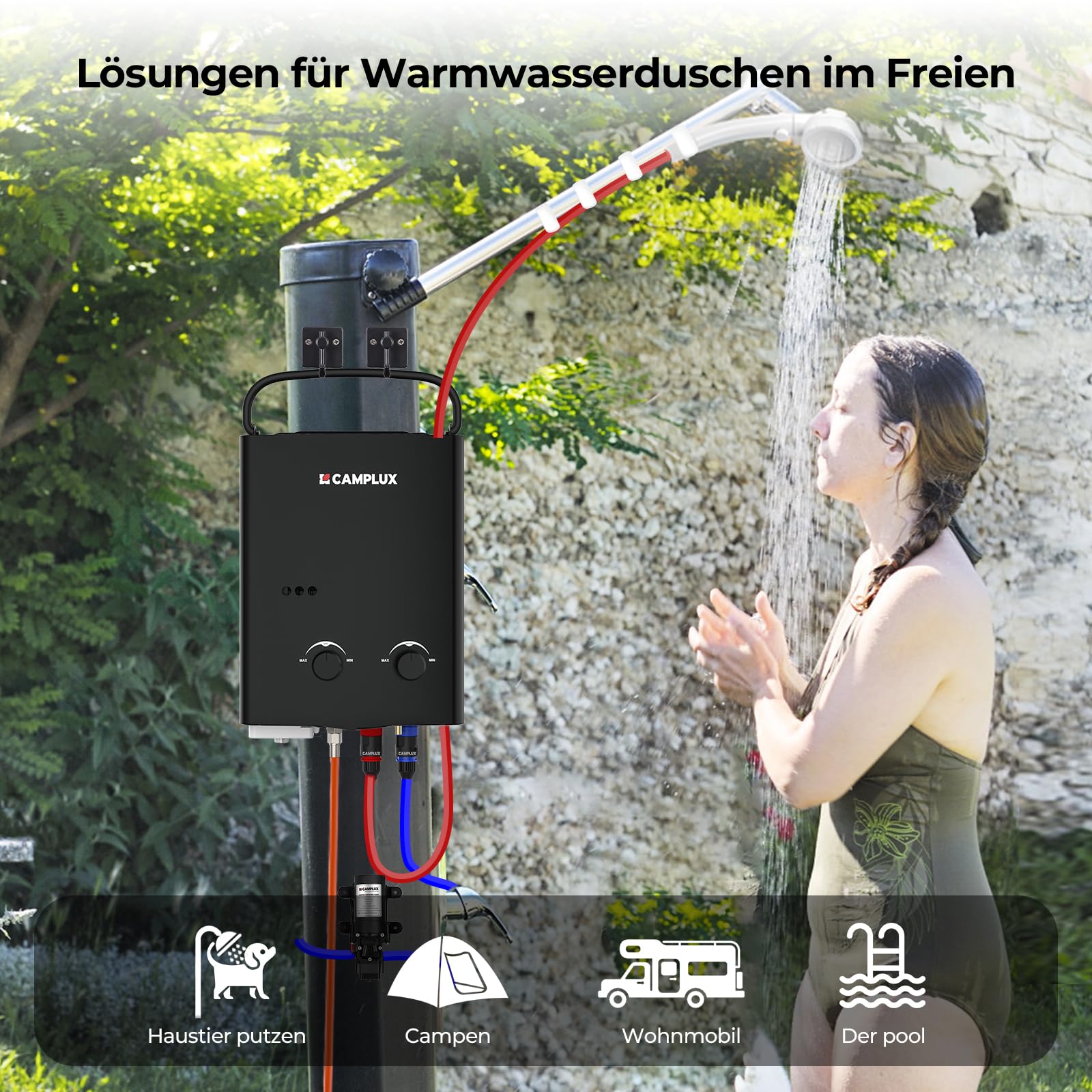 CAMPLUX AY132BP43-DE 5 Liter Gasdurchlauferhitzer mit 4,3L Wasserpumpe, Tankloser LPG Wassererhitzer mit Klappbarem Griff, für Camping Dusche/RV Reise/Waschen Pferd, Schwarz, 50mbar