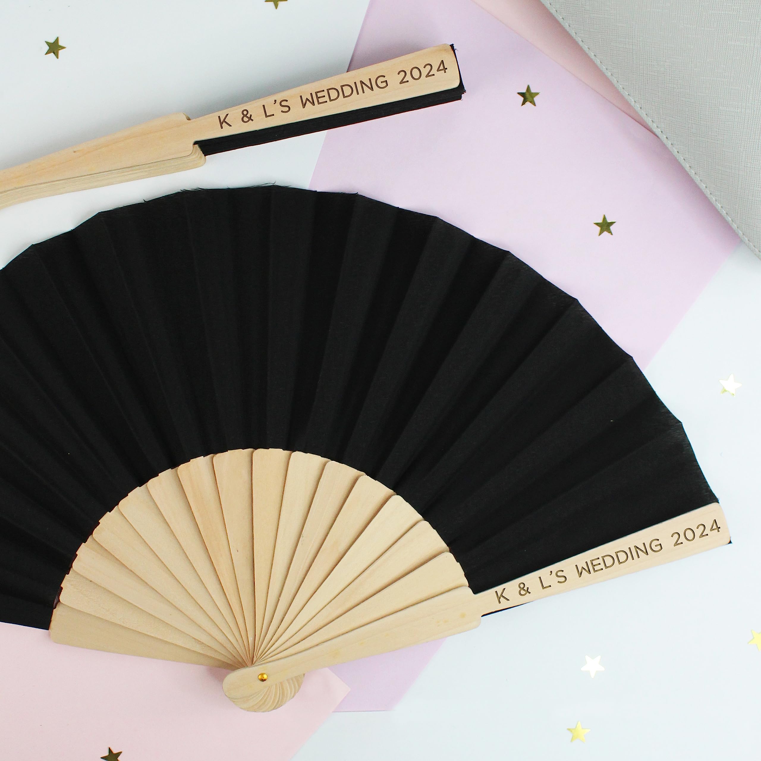 eBuyGB Personalised Wooden Hand Fan with Custom Text, Black Folding Handheld Fan, Hen Do Abroad, Bridal Party Favours, Girls Weekend, Pool Party, Destination Wedding Favours (Pack of 15)