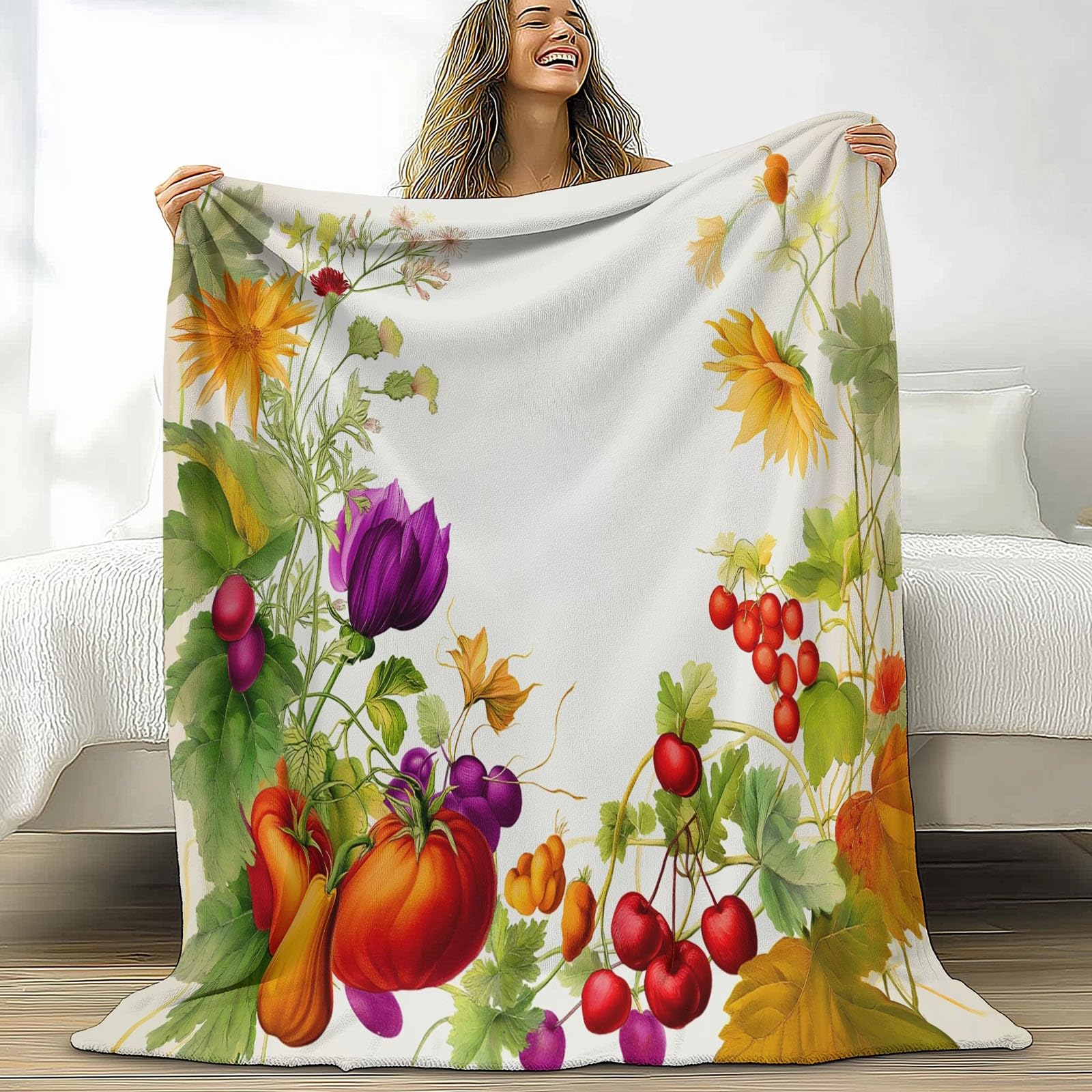 Ciepły flanelowy koc sherpa w stylu akwarelowym, 180 x 200 cm, miękki, przytulny koc z owoców, warzyw, roślin, pluszowy, flanelowy, polarowy, 180 x 200 cm, dla dziewcząt, dzieci, dorosłych, na kanapę