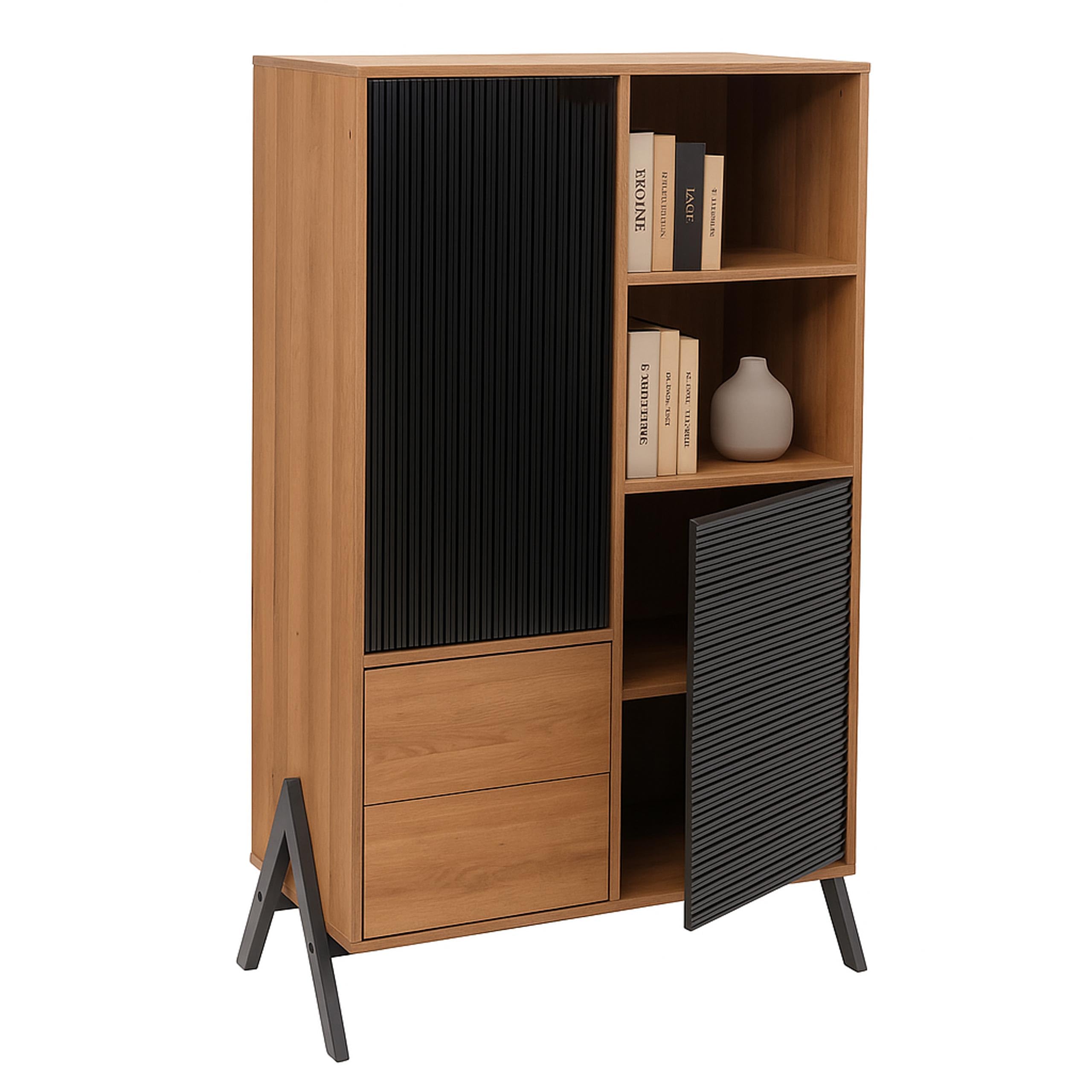 Mendler Hochschrank HWC-O40, Schrank Highboard mit Türen Staufächer Schubladen, MDF Metall Melamin 138x79x40cm - Natur