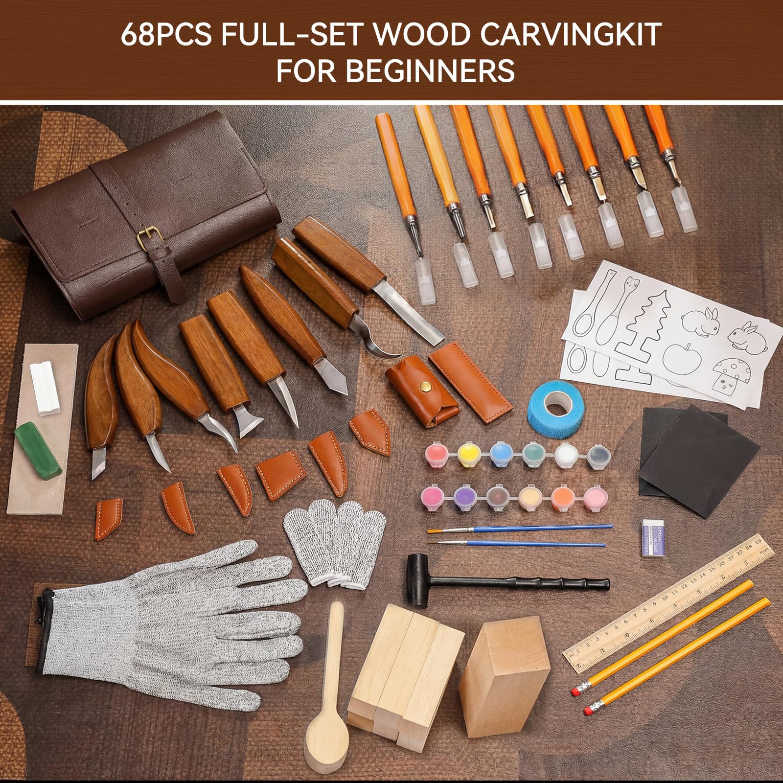 Kit de tallado de madera de 68 piezas para adultos y principiantes, 16 cuchillos y cinceles, 8 bloques de tilo, rollo de herramientas de cuero, guantes de seguridad, pinturas y plantillas, juego