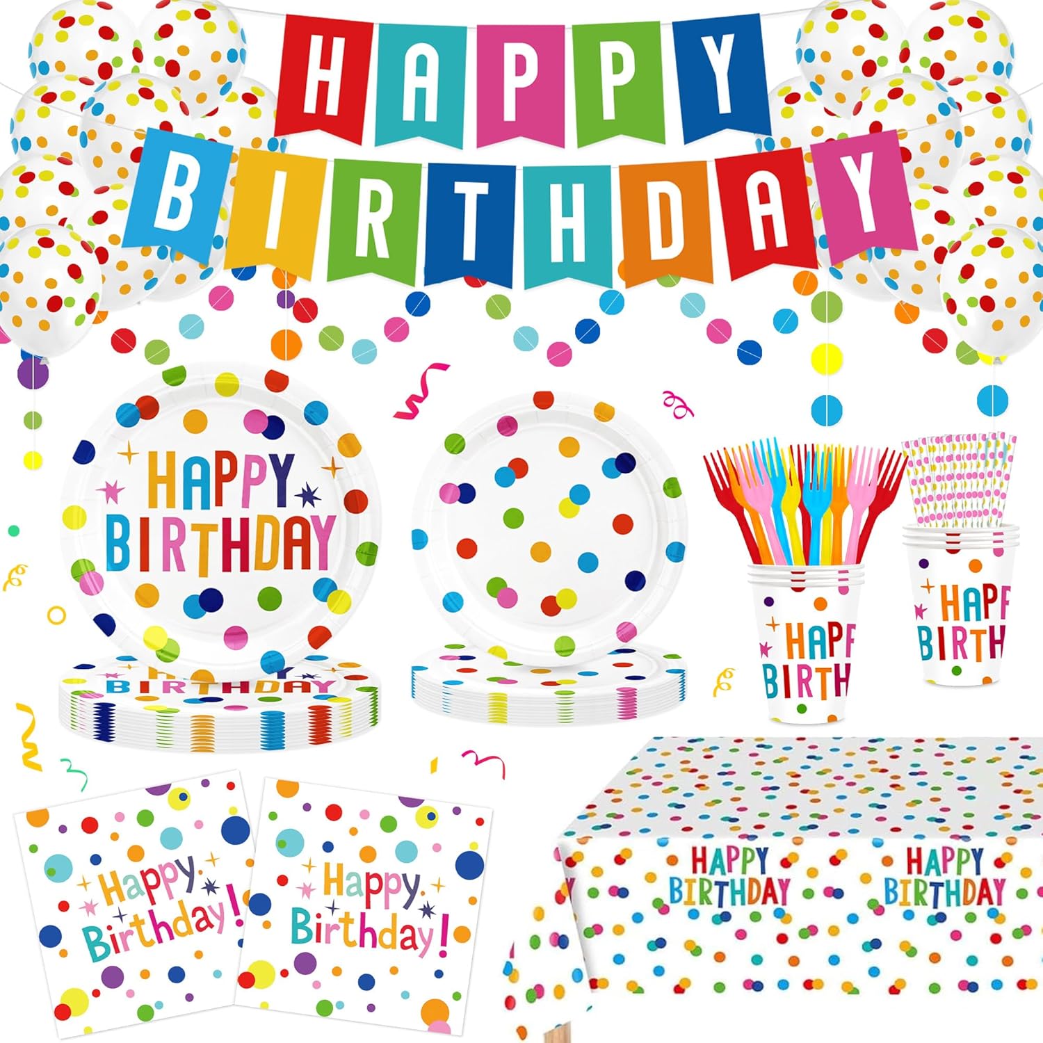 170 Pcs Birthday Party Supplies, Happy Birthday Decorations Colorful Dots Themed for Boys and Girls, Includes Happy Birthday Plates and Napkins, Balloons, Cups, Tablecloth, Banner, Serves 25