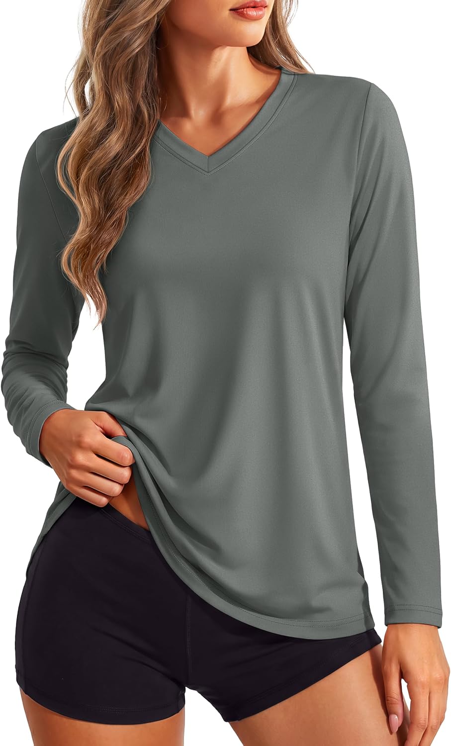 TACVASEN Women's Long Sleeve V Neck Tops Lightweight Quick Dry UPF 50+ Sun Protection Workout Hiking Running Shirts