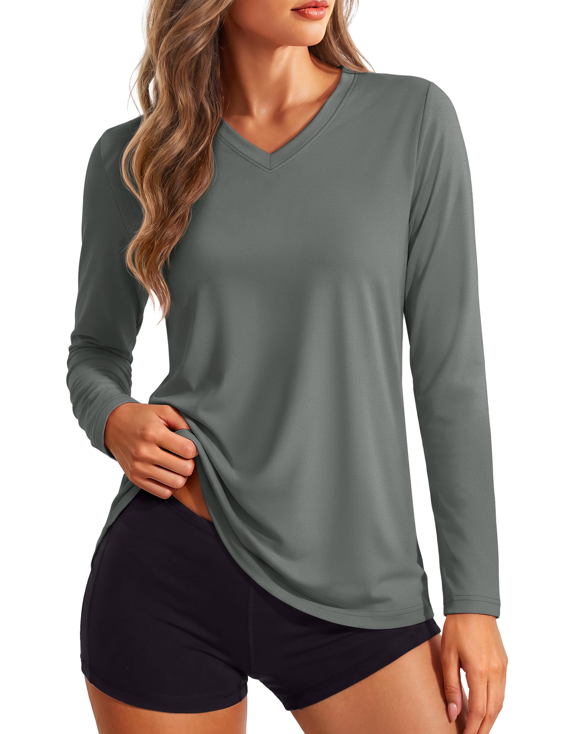 Women's Long Sleeve V Neck Tops Lightweight Quick Dry UPF 50+ Sun Protection Workout Hiking Running Shirts