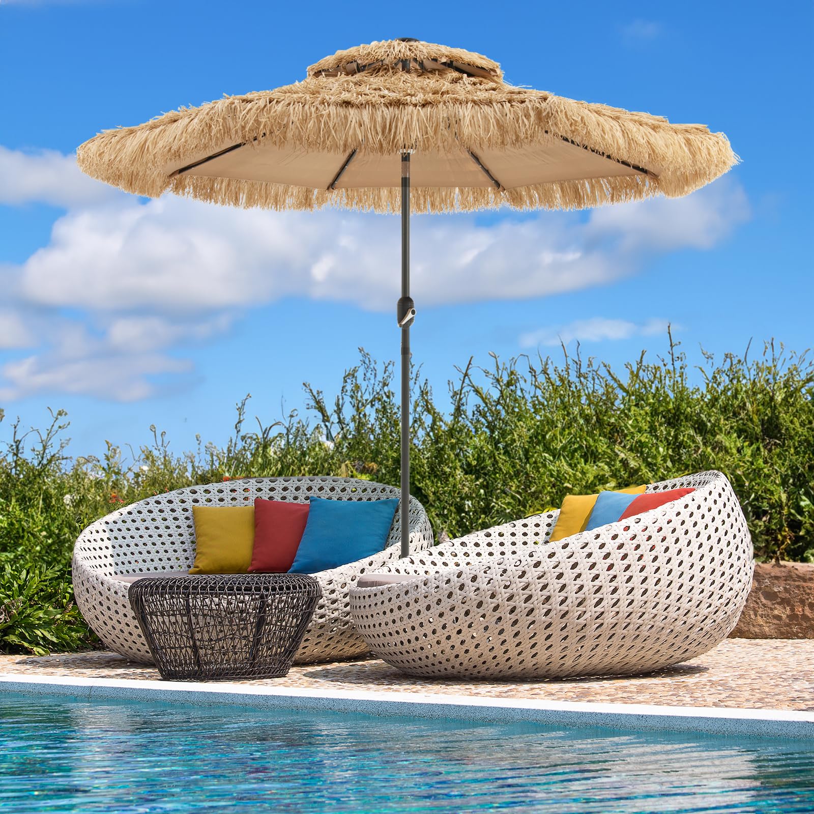 GOPLUS Sonnenschirm Hawaii, Ø 270 cm Strohschirm um 30° knickbar, Strandschirm mit LED-Solar-Beleuchtung, Sonnenschirm Stroh mit Doppeldach & Kurbel, Gartenschirm klappbar für Strand, Balkon & Garten
