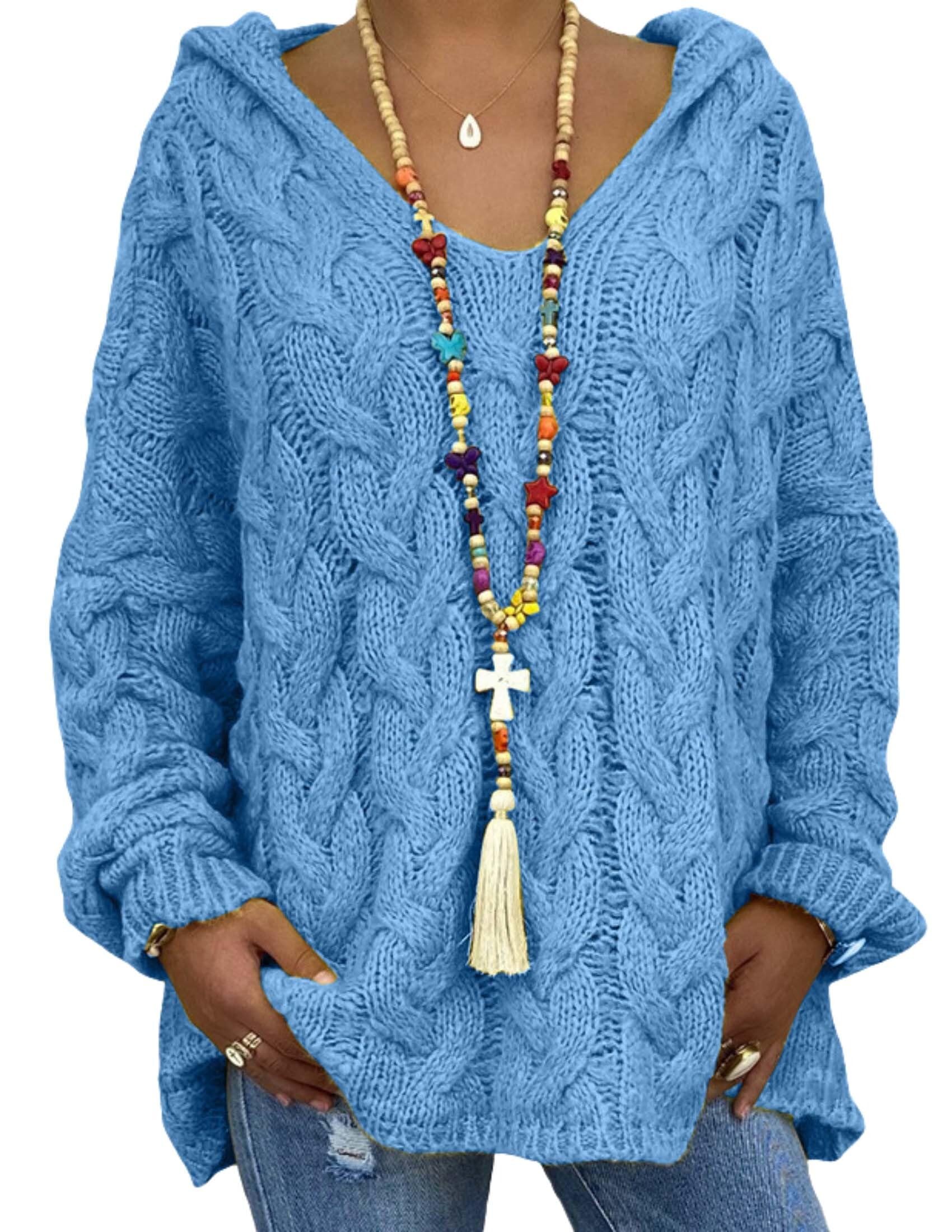 LIZALIG Womens Oversized Loose Chunky Cable Knit V Neck Pullover Hooded Sweater Long Sleeve Casual Top