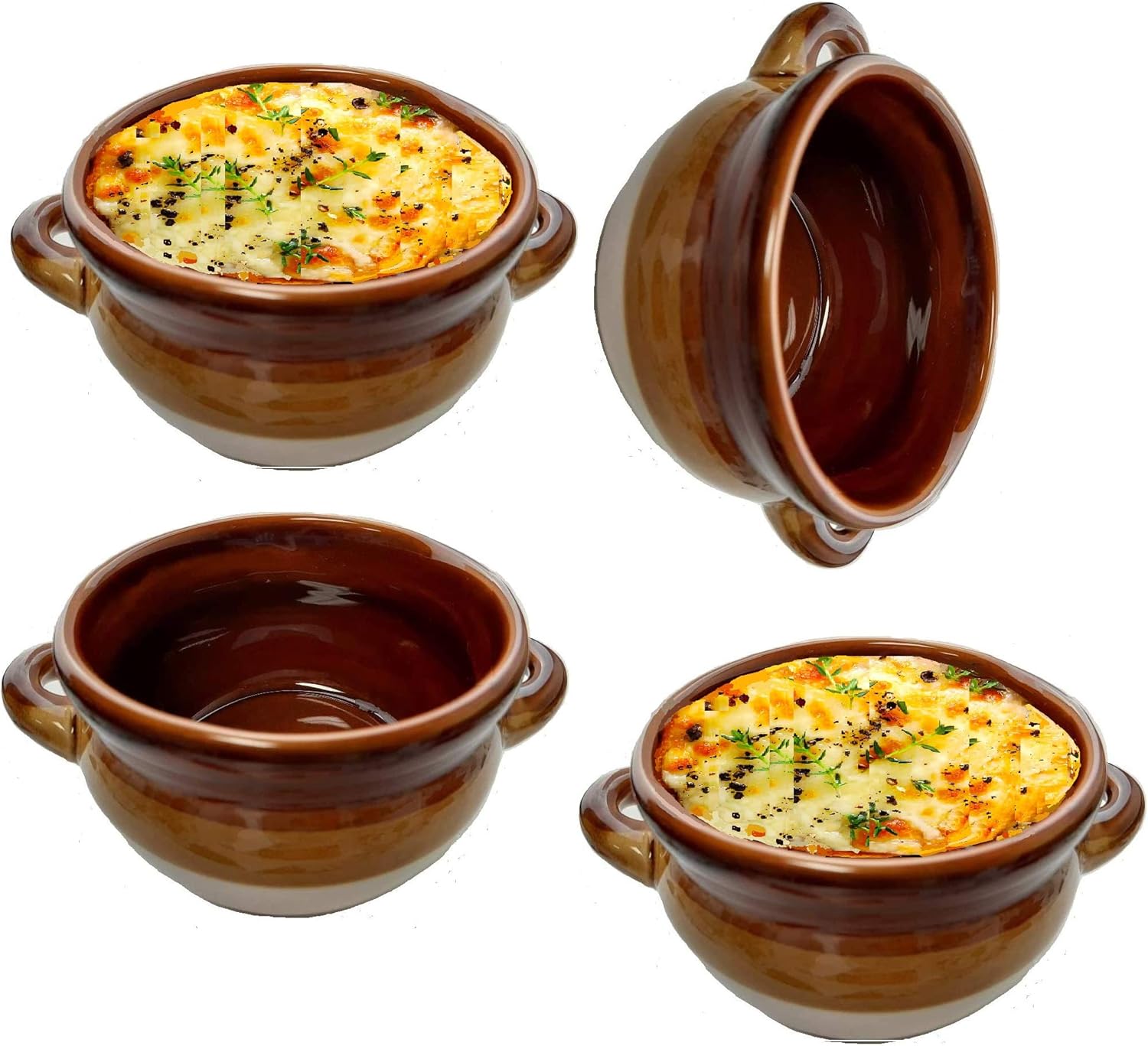Amazon Com Chefcaptain Stoneware French Onion Soup Crock Chili Bowls With Handles 4 Pack Ivory Caramel White 4 Pack 16 Ounces Soup Bowls