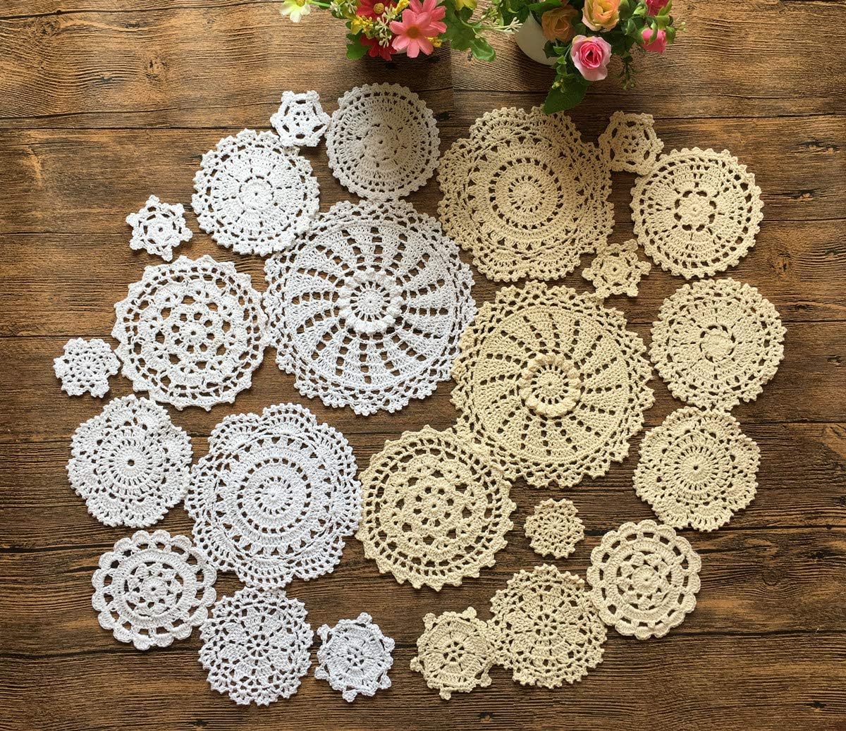 MINDPLUS24Pcs 100% Cotton Hand Made Crochet Doilies Cup Mat Pad Coaster 12 Vintage Crochet Motifs 2-7 inches Round White Beige Multi