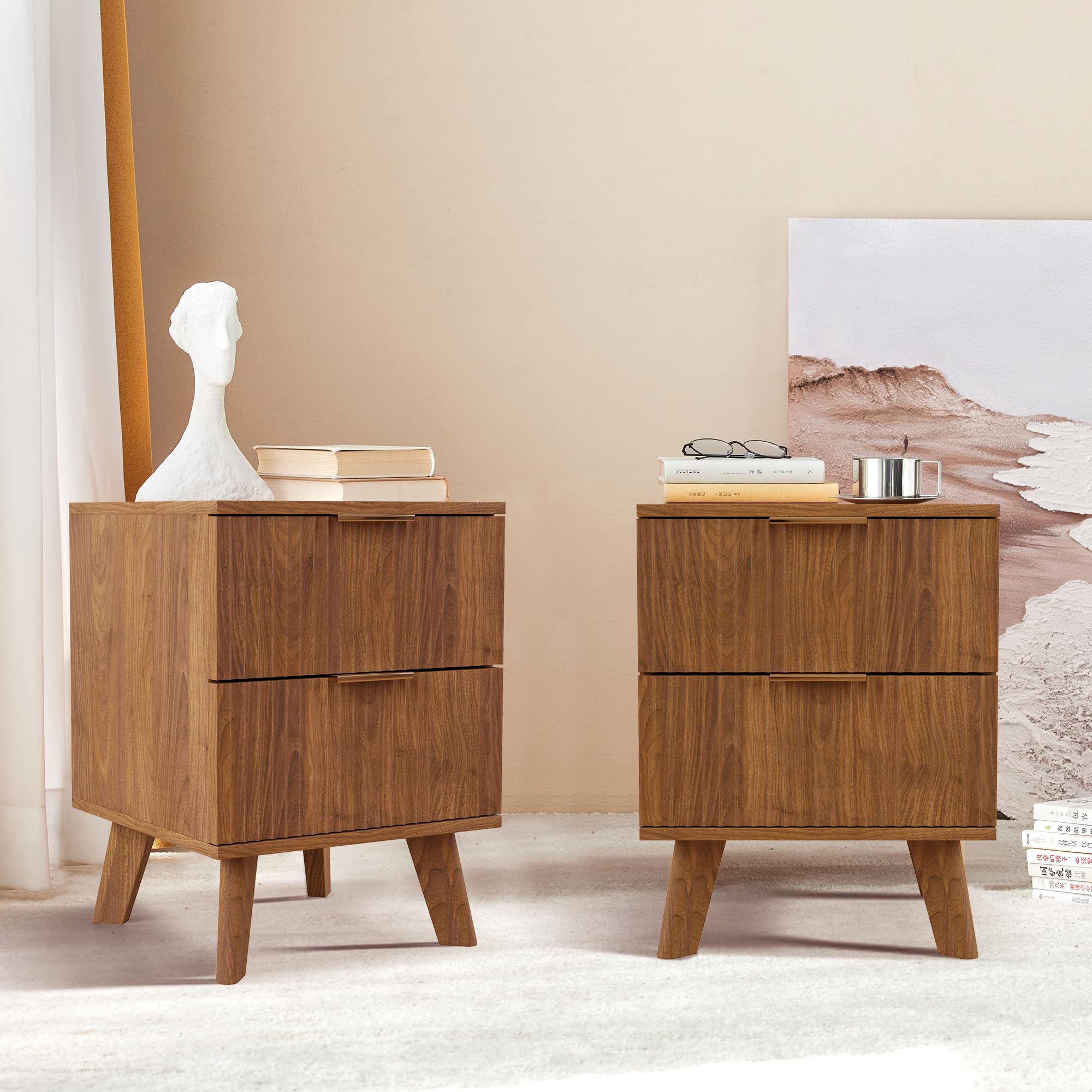 Nightstands Set of 2 with Drawers, Modern Large Striped Bed Side Table with 2 Drawers, Mid Century Modern Night Stand Set for Bedroom, Bedside End
