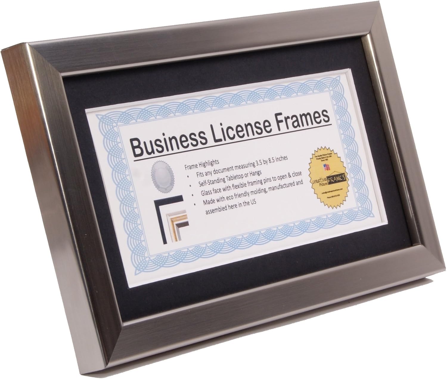 Creative Picture Frames Stainless Steel Business License Frame for Professionals Holds 3.5 by 8.5 with Black Mat Includes Self Standing Easel