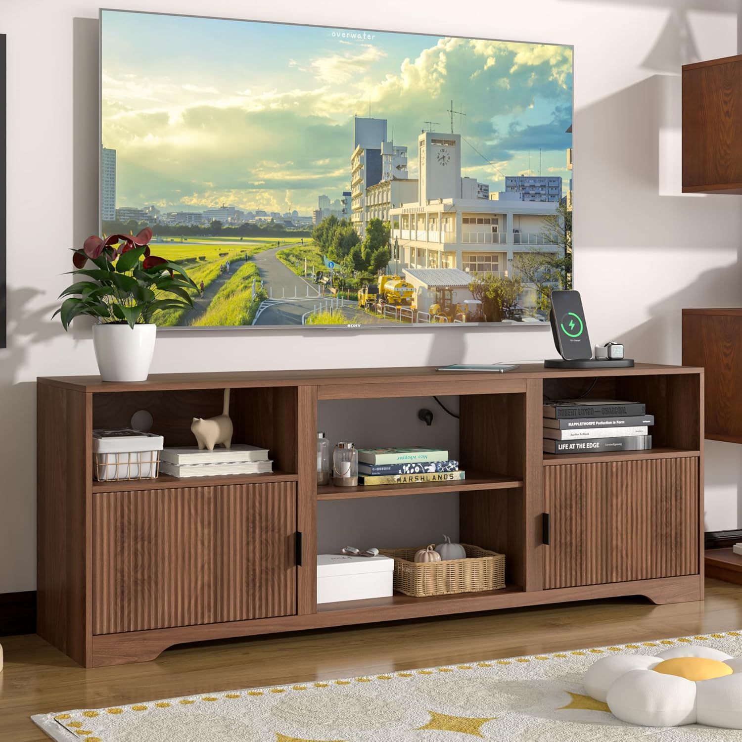Fluted TV Stand for Tvs up to 80",Mid Century Modern TV Stand with Open Adjustable Shelf,Entertainment Center Wood TV Media Console with Cord Holes for Living Room Furniture Bedroom,Walnut