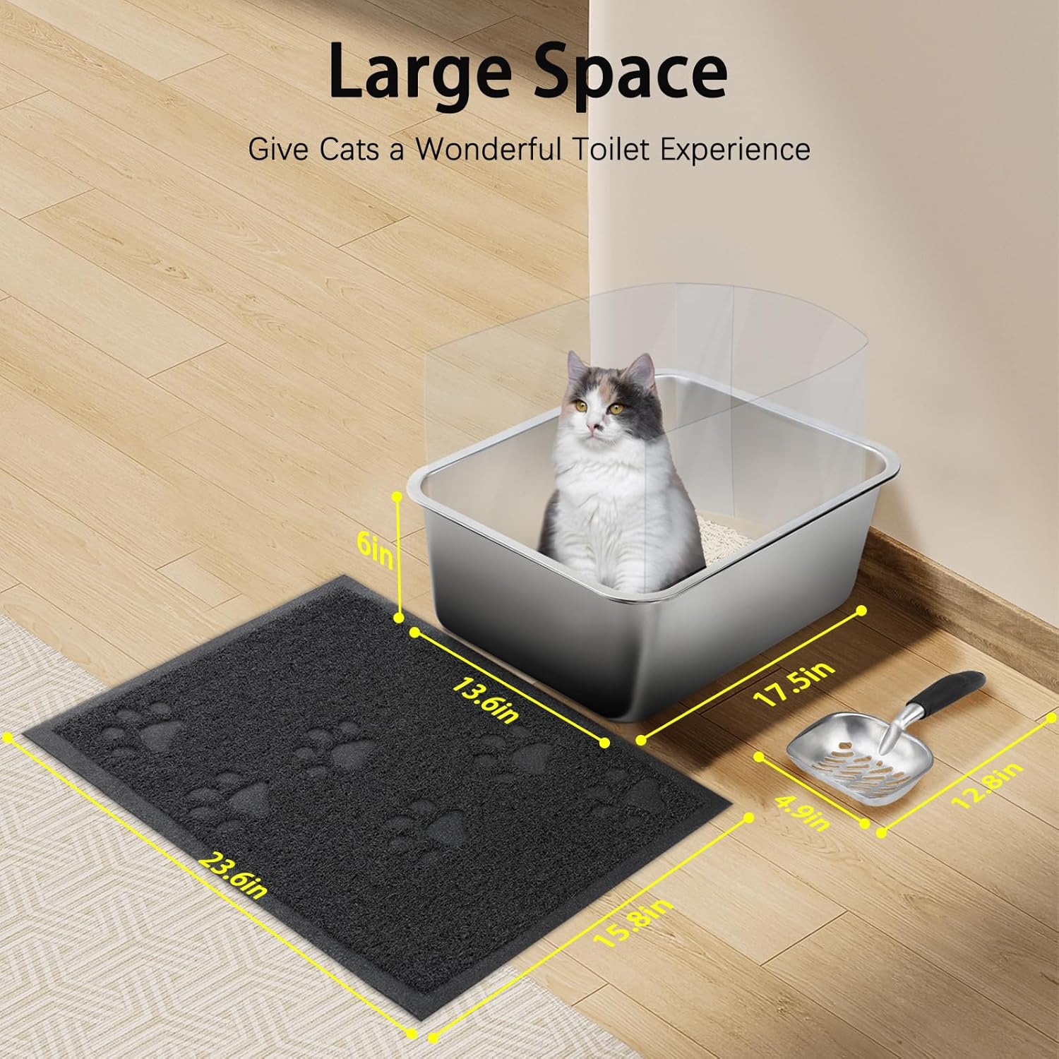 Rypet 2 Set Large Stainless Steel Cat Litter Box, Rust Proof Metal Kitten Litter Tray with Pee Splash Guard and 2 Cats Litters Scoops and 2 Cat Litters Mats Easy to Clean(17.5"*13.6"*6")