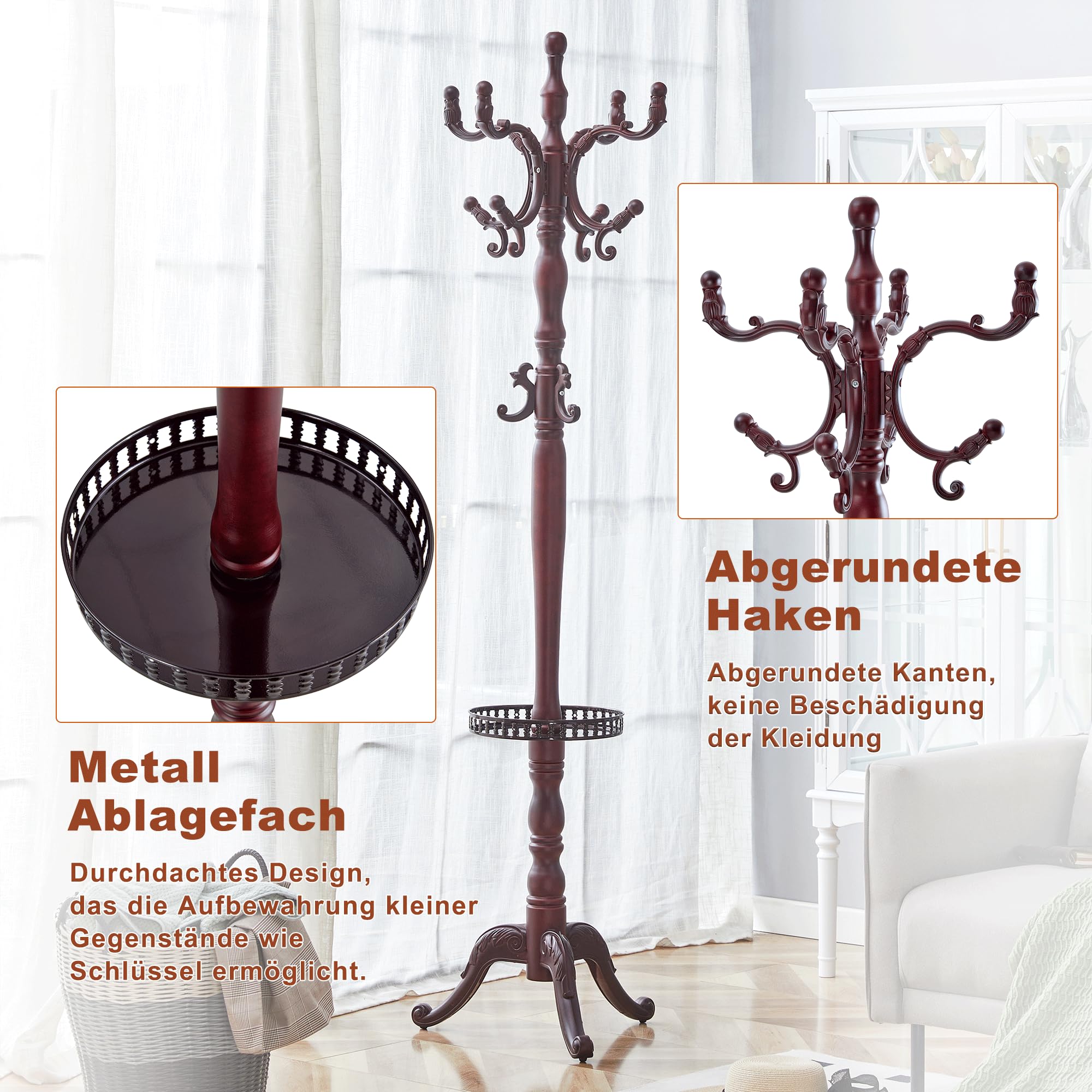Perchero de Pie de Madera Maciza, Estilo Europeo para Pasillo, Nogal, 195 cm
