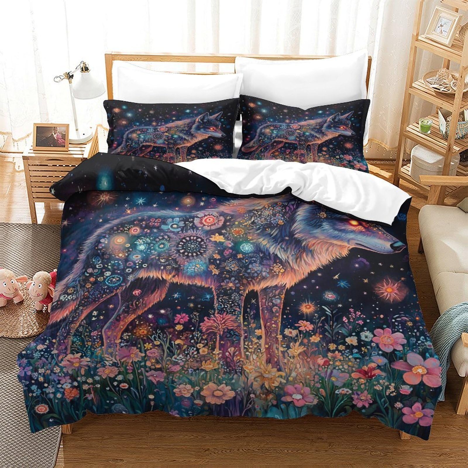 Fantasia di lupi stellati Impressione 3D 3 pz coperteletto arte digitale stile surreale fodera per edredone microfibra ipoallergenica zip per bambini uomini adulti King（220x240cm）