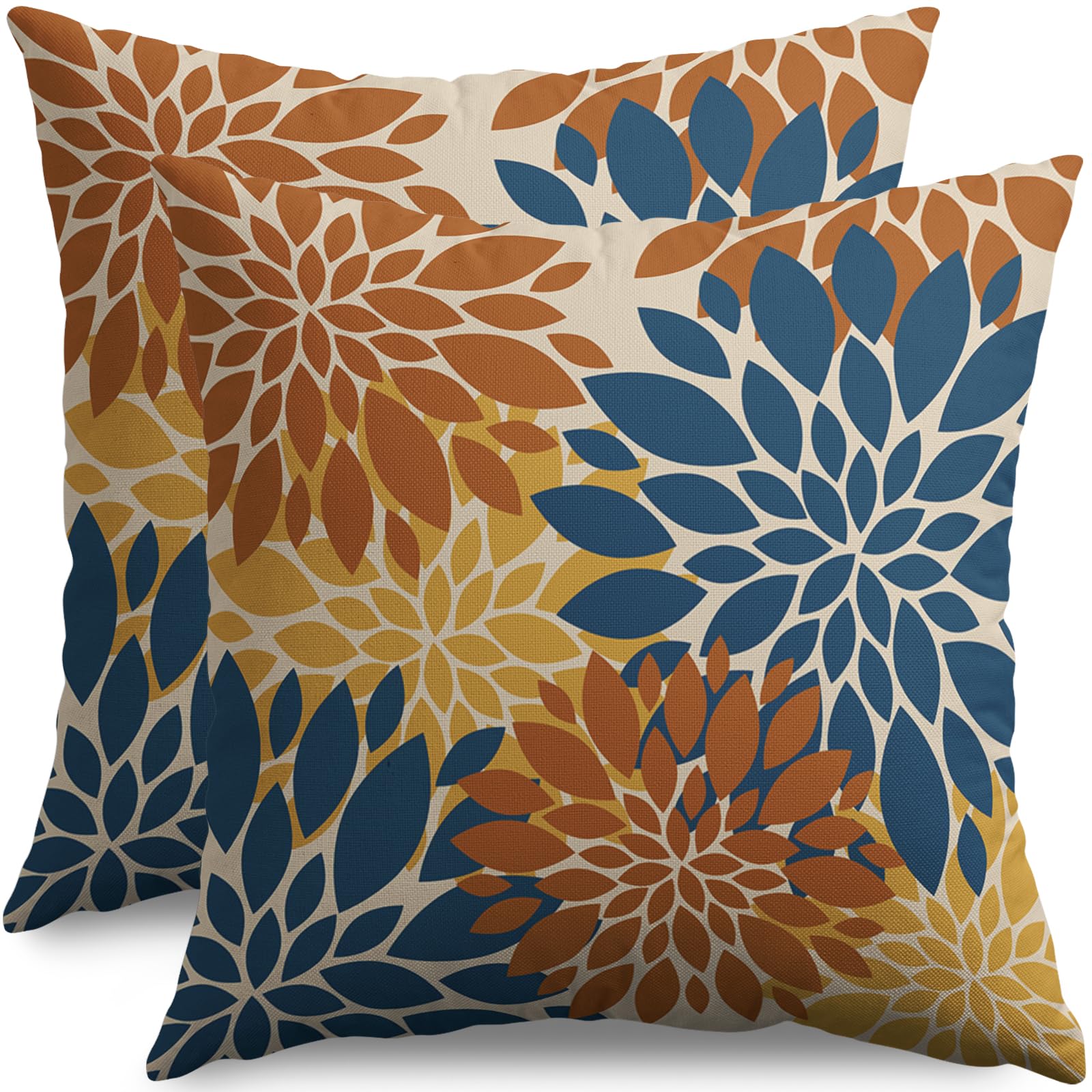 Smozenith Blue Orange Yellow Pillow Covers 18X18 Inch Set of 2, Fall Colored Modern Geometry Dahlia Floral Print Decorative Throw Pillow Covers