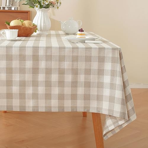 Alsoo Mantel rectangular lavable a cuadros de algodón y lino a cuadros para picnic, cocina, comedor, beige y blanco, 60 x 75 pulgadas