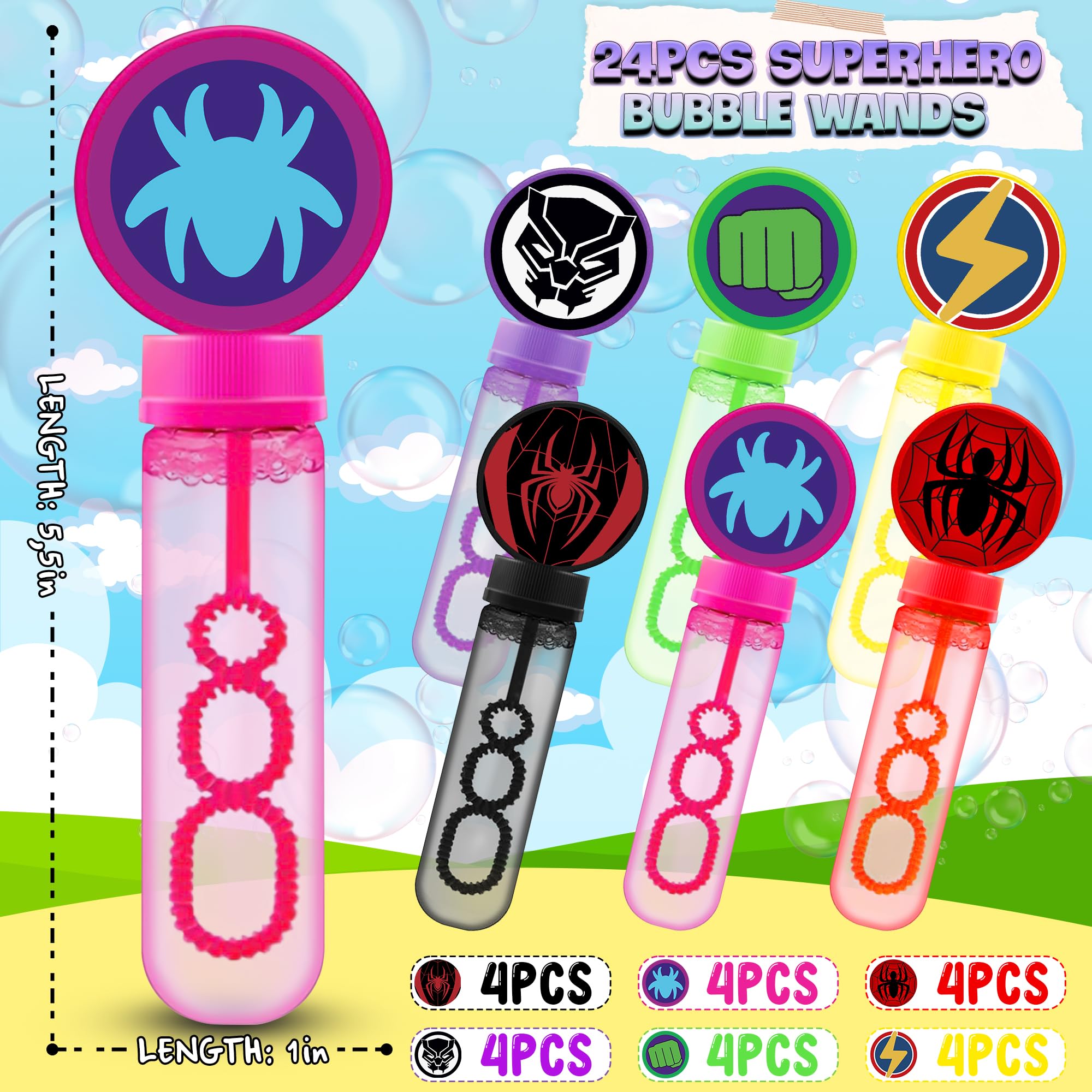 24Pcs Spider Superhero and His Friends Bubble Wands for Amazing Theme Party Favors - Kids Birthday Party Supplies - Outdoor Summer Toys - Valentine Christmas Easter Gift - Goodie Bag Stuffers