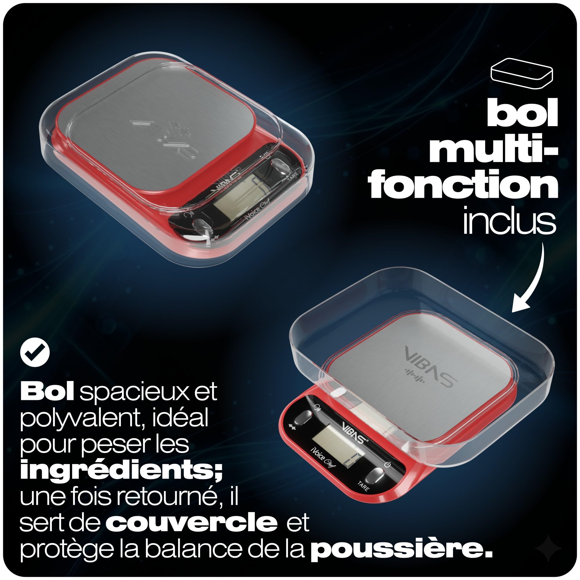Balance de Cuisine Parlante VIBAS iVoice Chef avec Bol, pour Non-Voyants et Seniors, 5 Langues, Signaux Sonores, Répétition du Poids, Volume Réglable, 10 kg, Piles Incluses