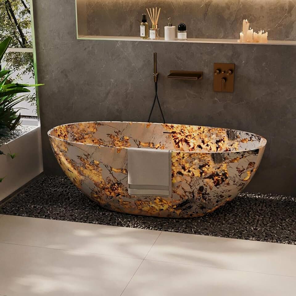 Freestanding Bathtubs - 71IN Modern Bathtub with Golden Vein Pattern & Sleek Oval Silhouette, Soaking Tub with Overflow and Drain for Bathroom