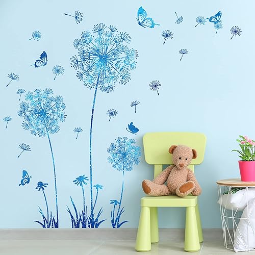 Miniatura 4 de Buiory Calcomanías de pared extraíbles 3D de diente de león, flores y mariposas voladoras, murales autoadhesivos para despegar y pegar, decoración