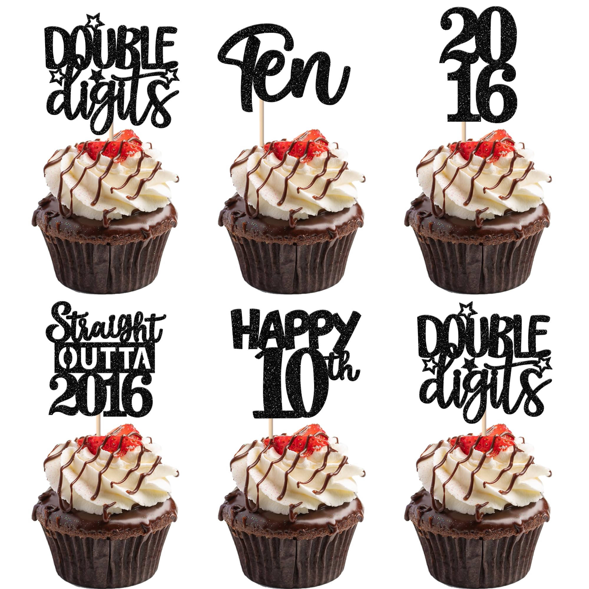 30PCS Black 10th Birthday Cupcake Toppers Glitter Ten Happy 10 Straight Outta 2016 Cupcake Picks for Cheers to 10 Years 10th Birthday Wedding Anniversary Party Cake Decorations Supplies