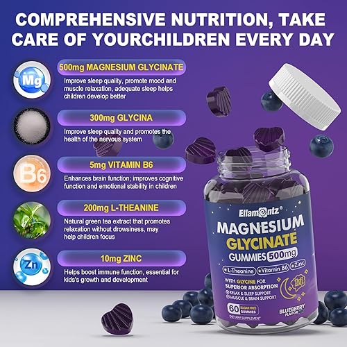 Miniatura 6 de Gomitas de glicinato de magnesio 500mg250mg para adultos, niños y adolescentes, ayuda para dormir calmante de magnesio sin azúcar, gomitas para