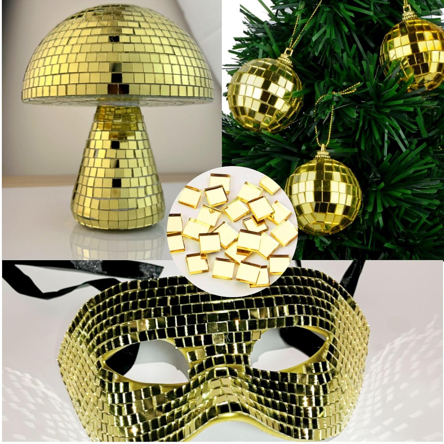 Glass Mirror Disco Tiles 2400Pcs, 5 x 5 mm Self-Adhesive Mirror Tiles for Craft Decoration Disco Ball, Mini Mosaic Tiles for Party Decor DIY (Gold) image 4