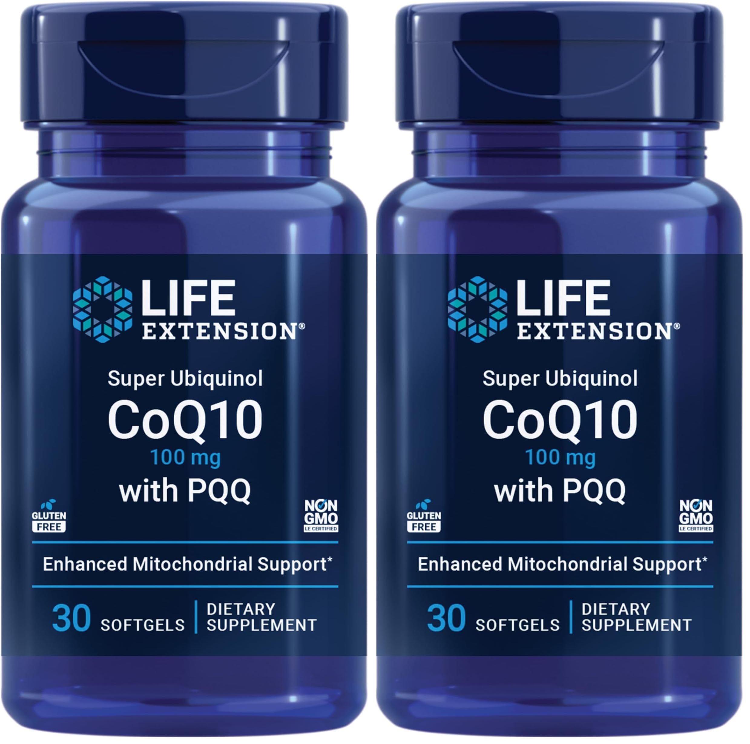 Life Extension Super Ubiquinol CoQ10 with PQQ, coenzyme Q10, pyrroloquinoline Quinone, Heart Health Supplement, Maximum Absorption, 100 mg, Non-GMO, Gluten-Free, softgels, 30 Count (Pack of 2)
