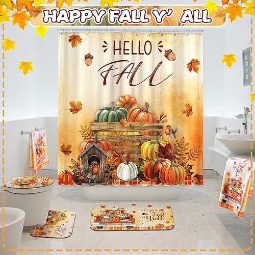 Miniatura 5 de Tranqun Juego de 8 cortinas de ducha de otoño con diseño de Hello Fall para decoración de baño, calabaza, girasol, camión, cortina de ducha