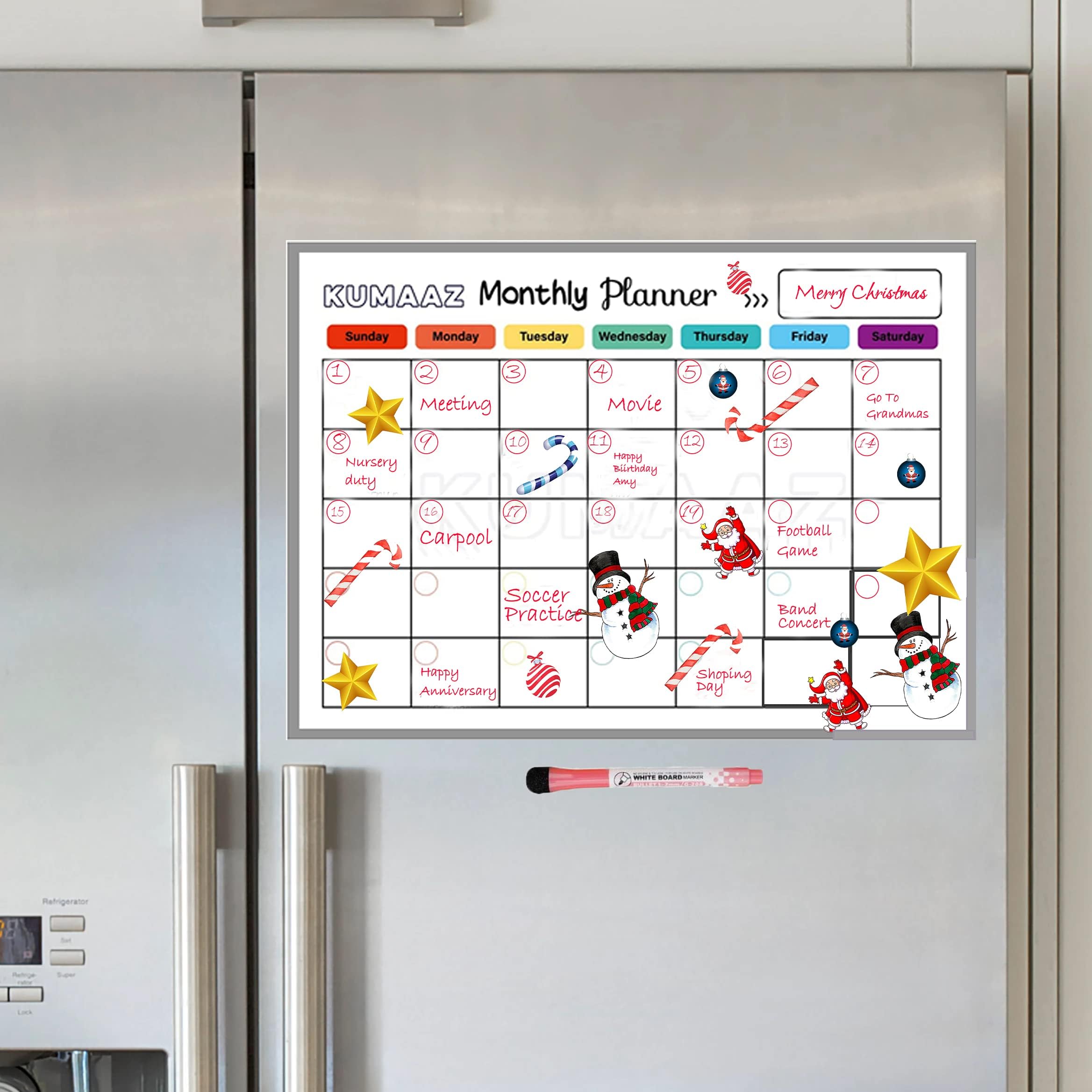 Dry Erase Fridge Magnetic Calendar - Whiteboard Monthly Planner for Organising Daily Tasks - Meal Planning or Business Plans in Offices - with Dry Erase Marker Pen, White, 42cmx29.5cm