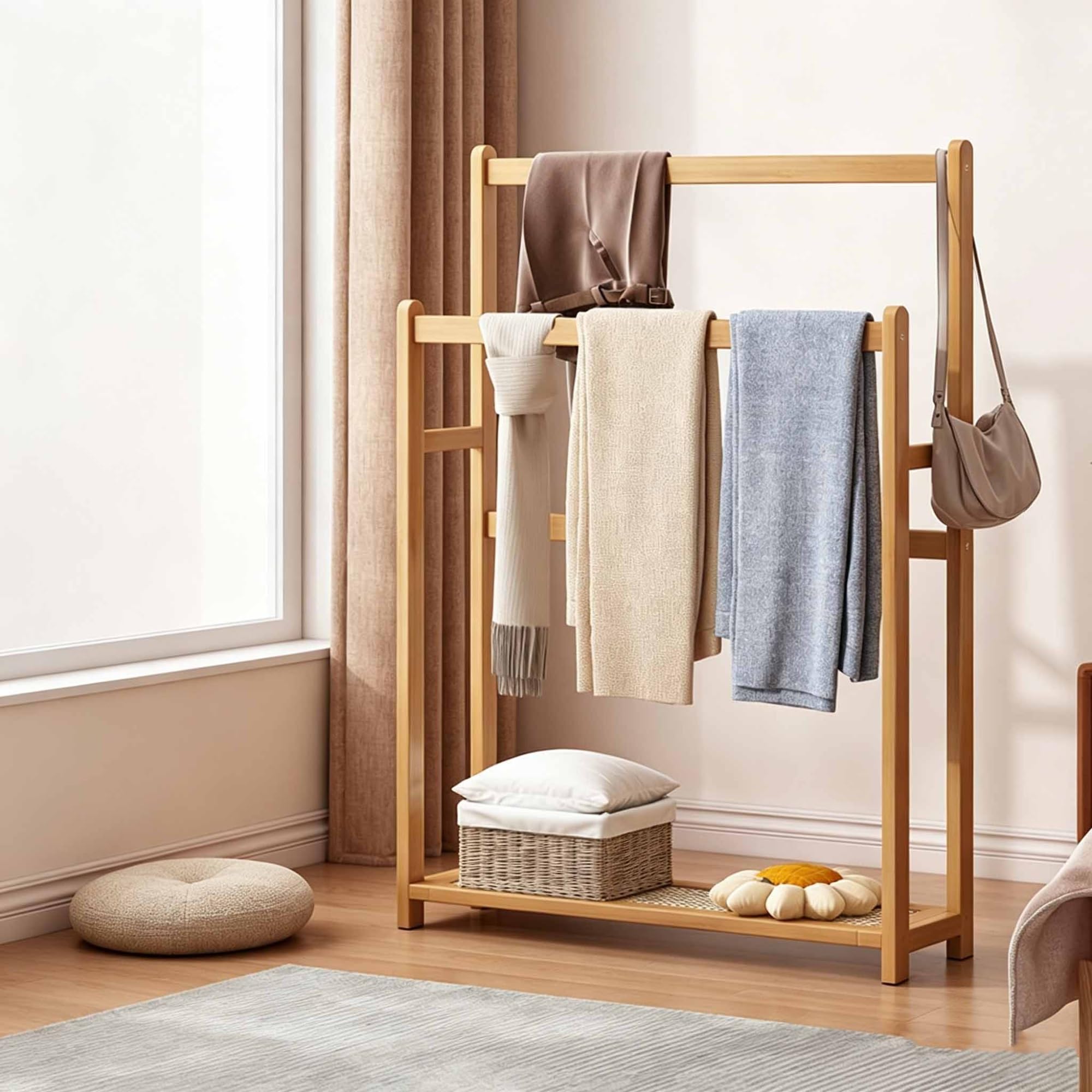 39.3" Tall Standing Towel Racks, Bamboo Blanket Rack Stand