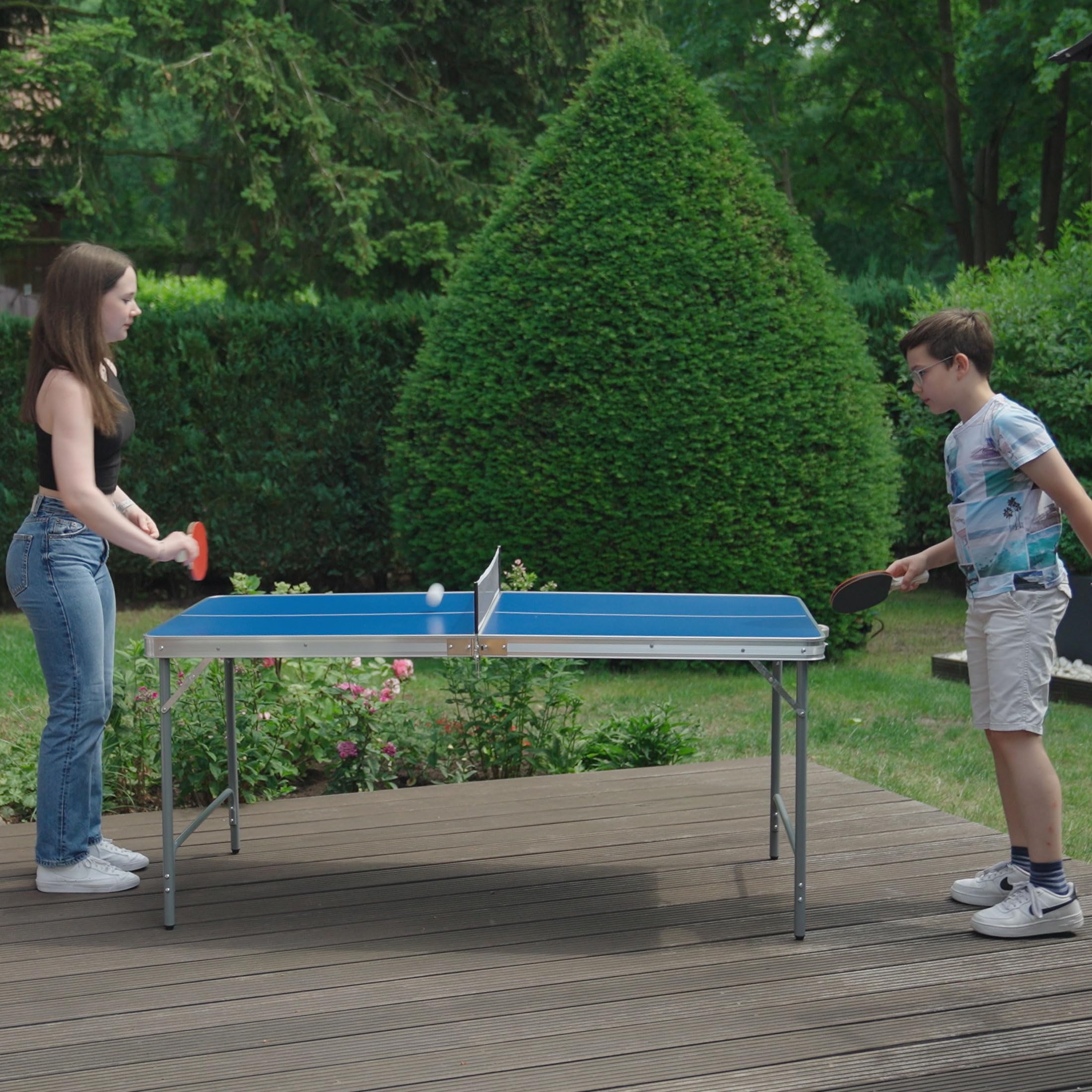 Tischtennistisch klappbar Fabula für Kinder und Jugendliche, Indoor & Outdoor Tischtennistisch midi groß 165x84x72, FASports Tischtennisplatte faltbar mit Netz, Schläger, Ball